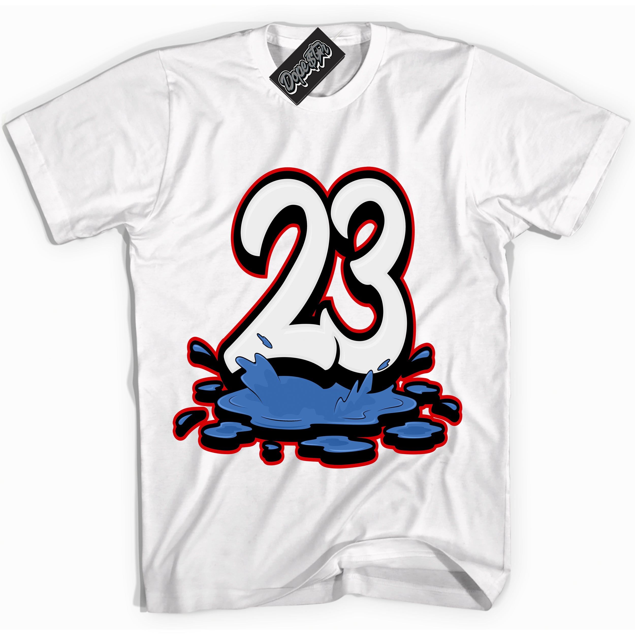 Cool White Shirt with “ 23 Melting” design that perfectly matches Industrial Blue Sashiko 1s Sneakers.