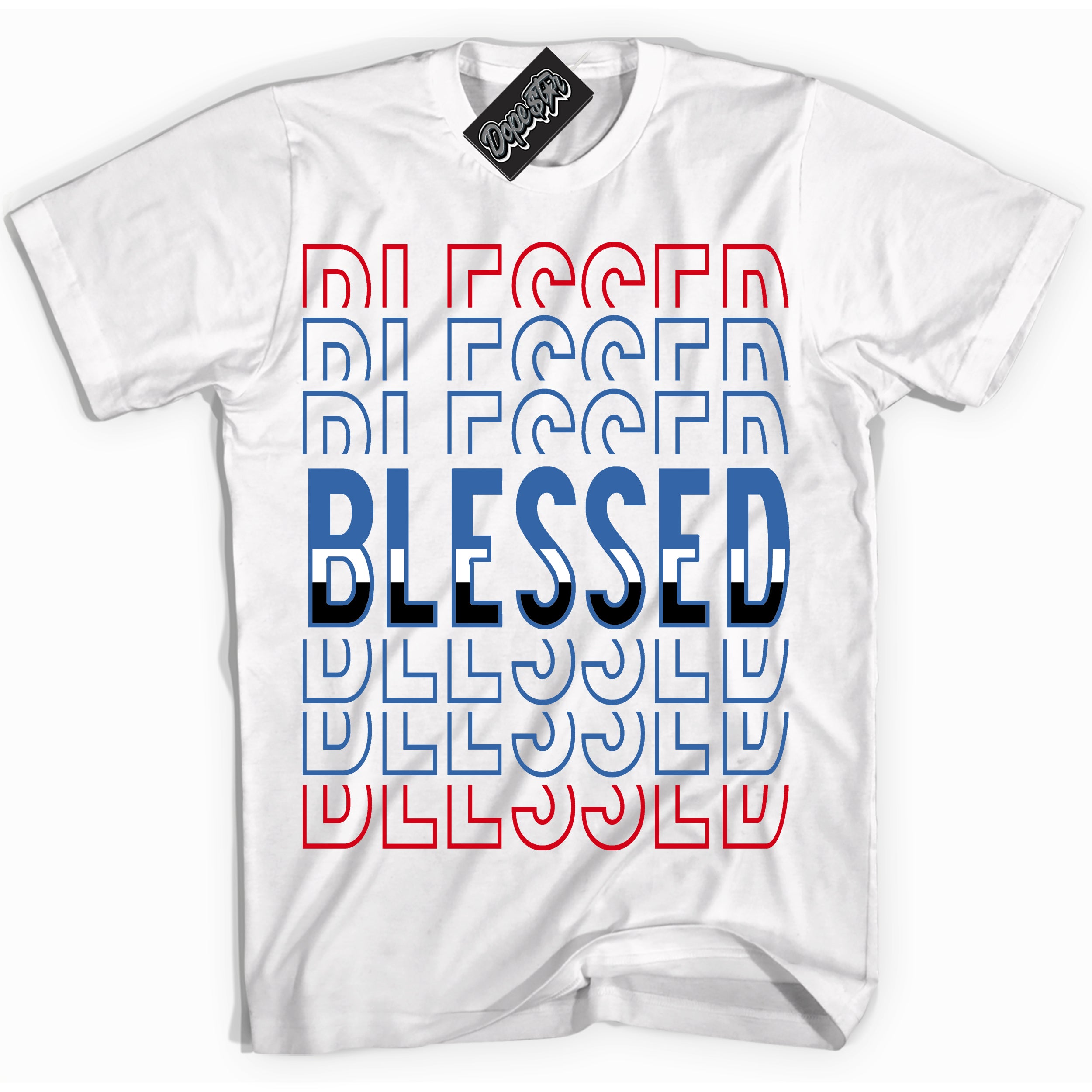 Cool White Shirt with “ Blessed Stacked” design that perfectly matches Industrial Blue Sashiko 1s Sneakers.