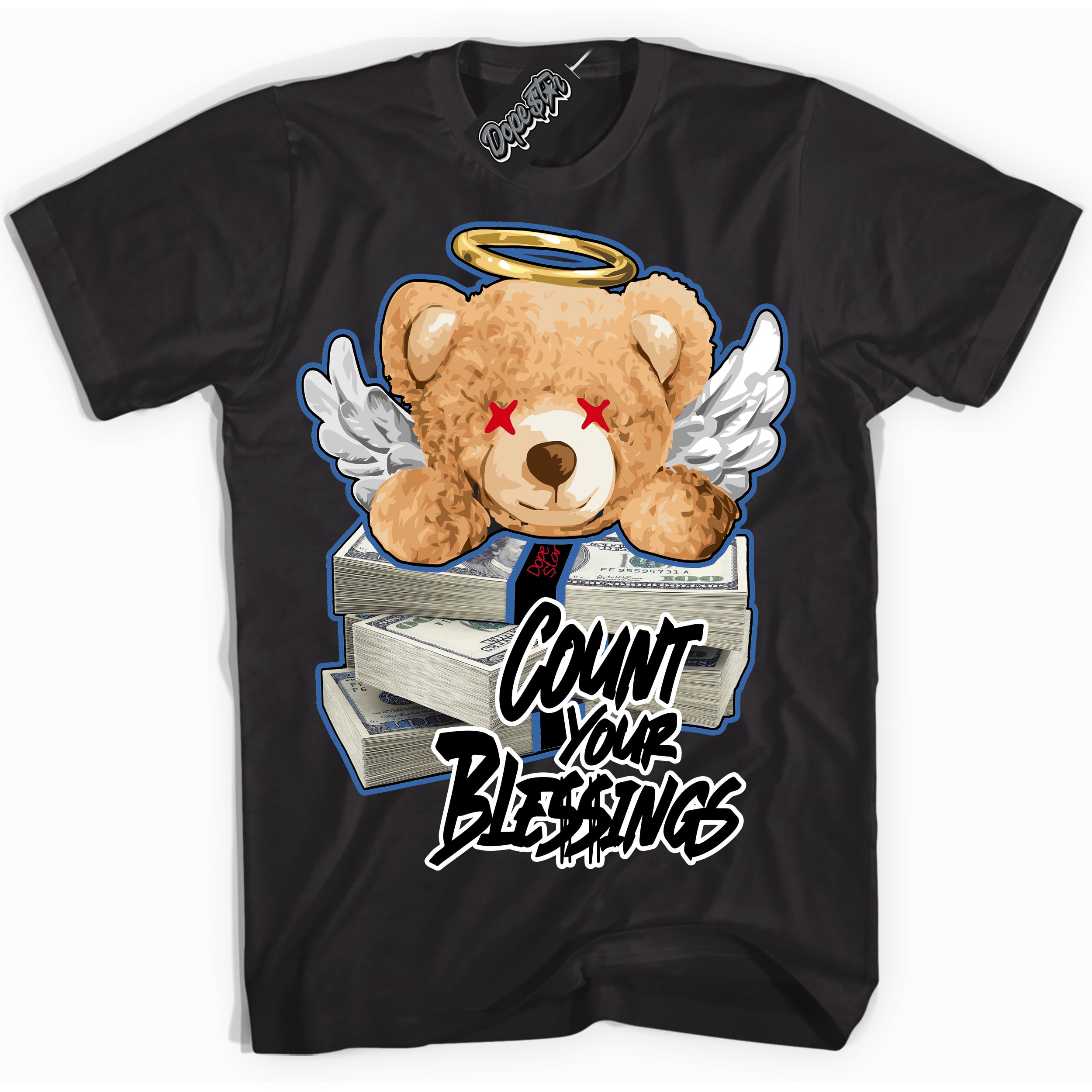 Cool Black Shirt with “ Count Your Blessings” design that perfectly matches Industrial Blue Sashiko 1s Sneakers.