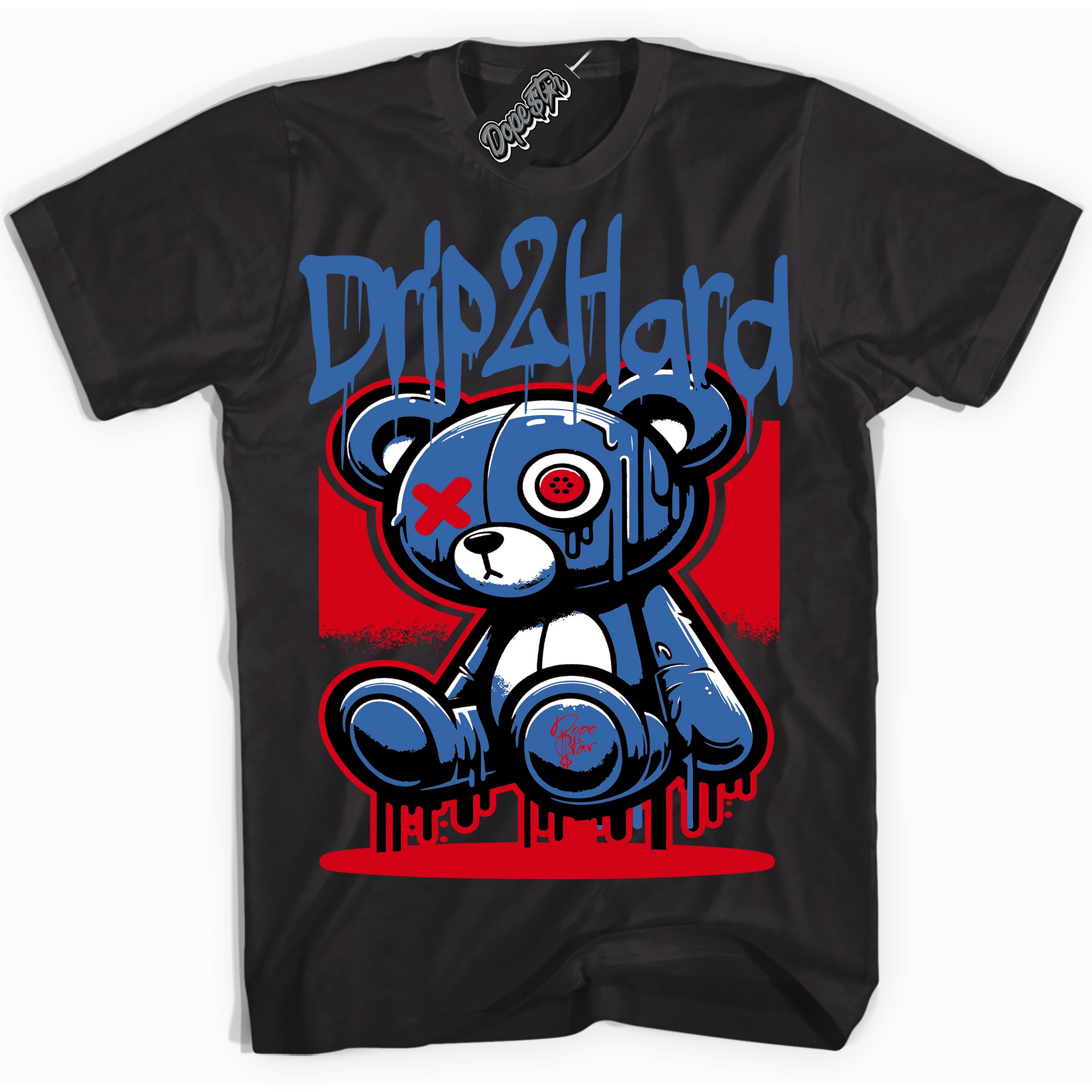 Cool Black Shirt with “ Drip 2 Hard” design that perfectly matches Industrial Blue Sashiko 1s Sneakers.