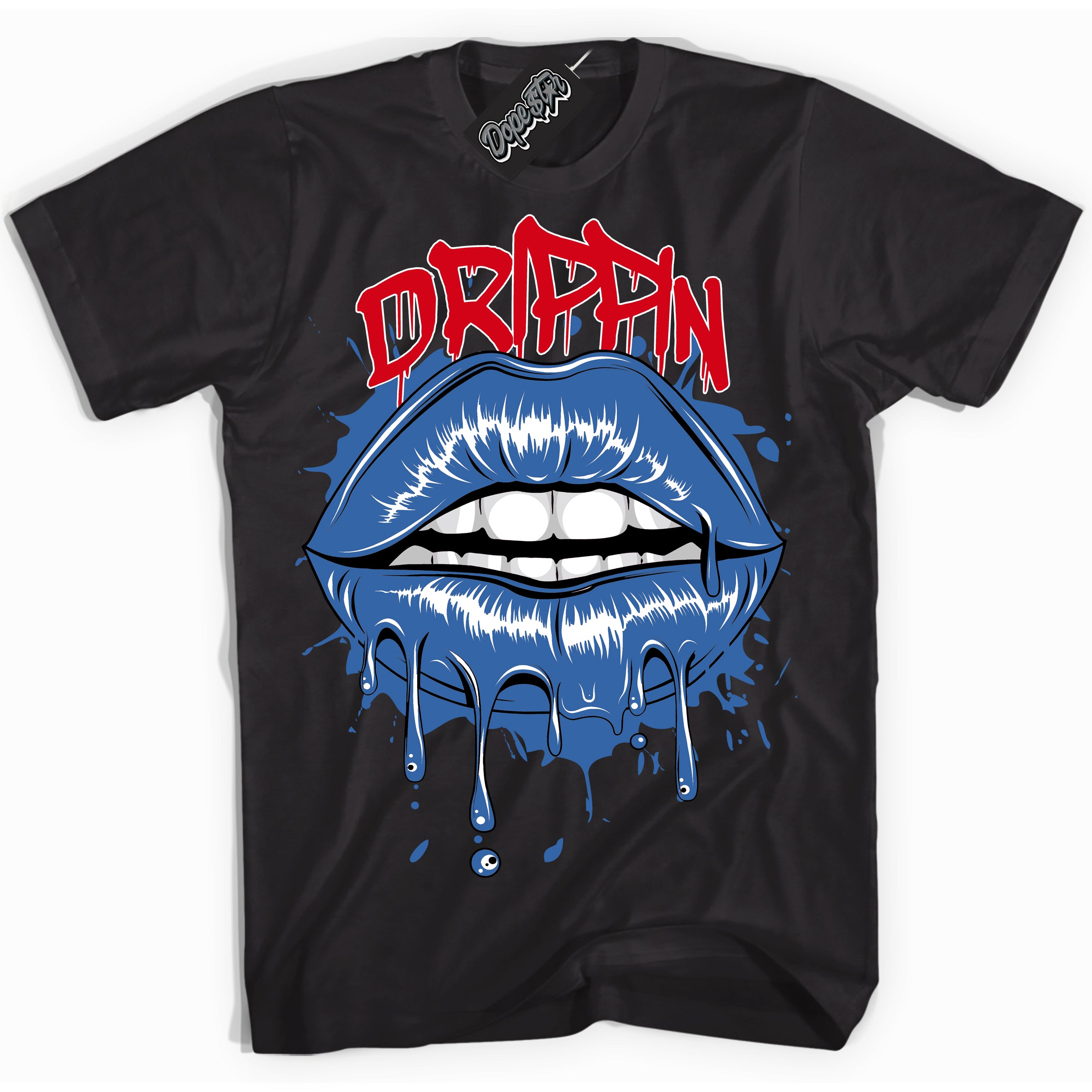 Cool Black Shirt with “ Drippin” design that perfectly matches Industrial Blue Sashiko 1s Sneakers.