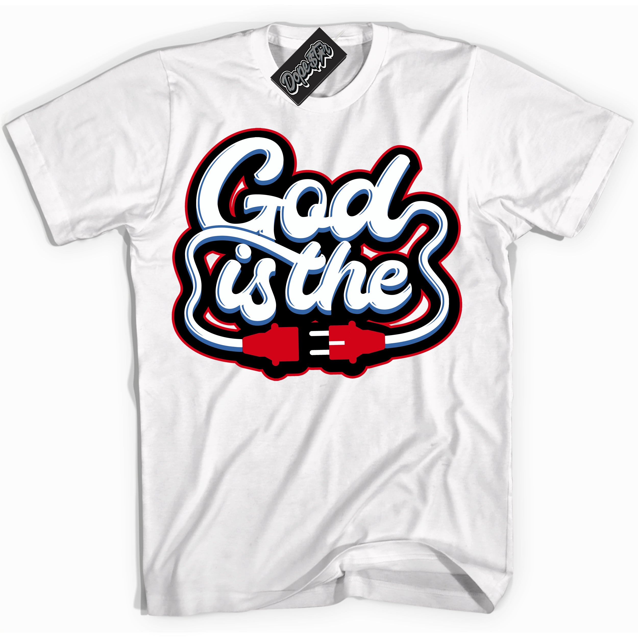 Cool White Shirt with “ God Is The” design that perfectly matches Industrial Blue Sashiko 1s Sneakers.
