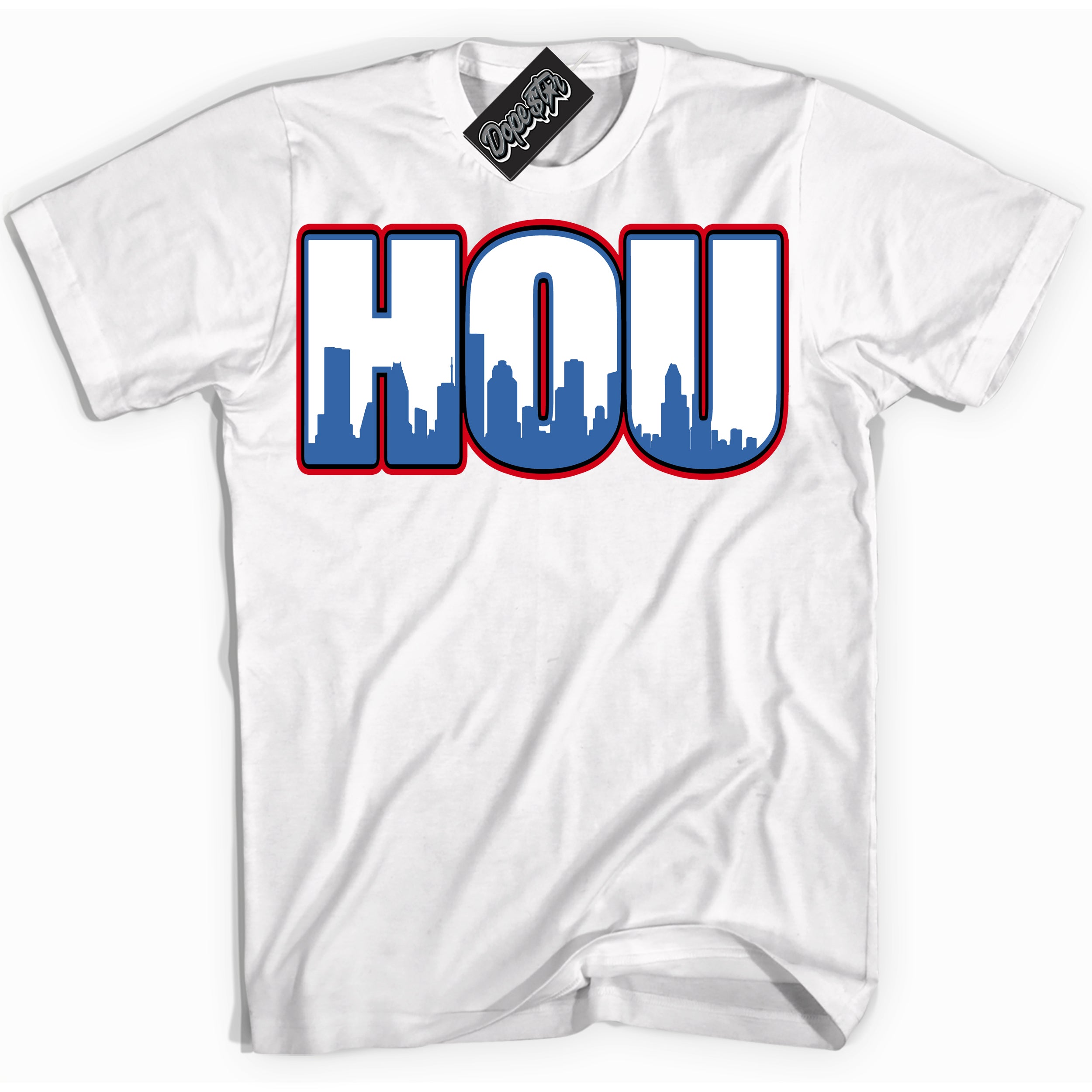 Cool White Shirt with “ Houston ” design that perfectly matches Industrial Blue Sashiko 1s Sneakers.