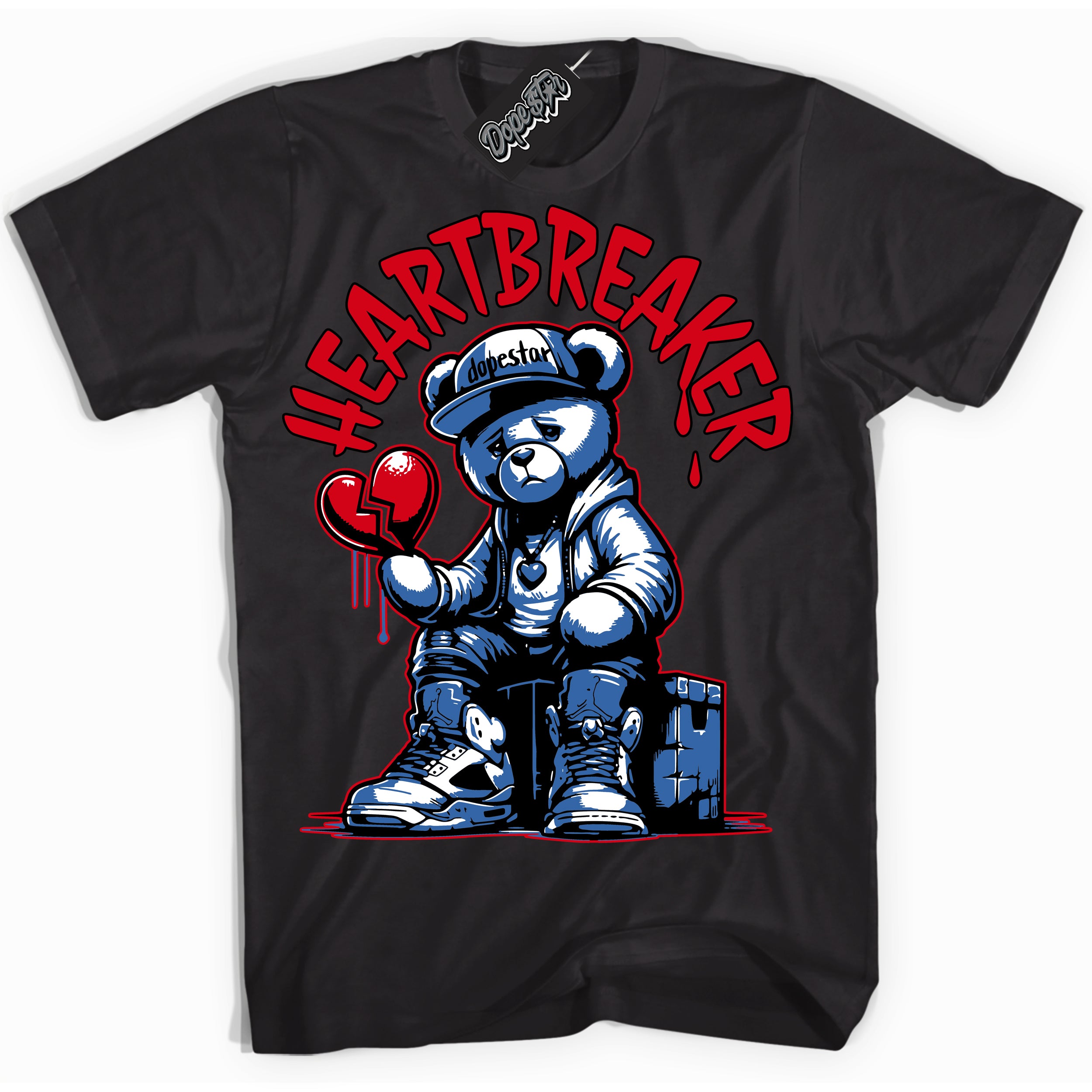 Cool Black Shirt with “ Heartbreaker Bear” design that perfectly matches Industrial Blue Sashiko 1s Sneakers.
