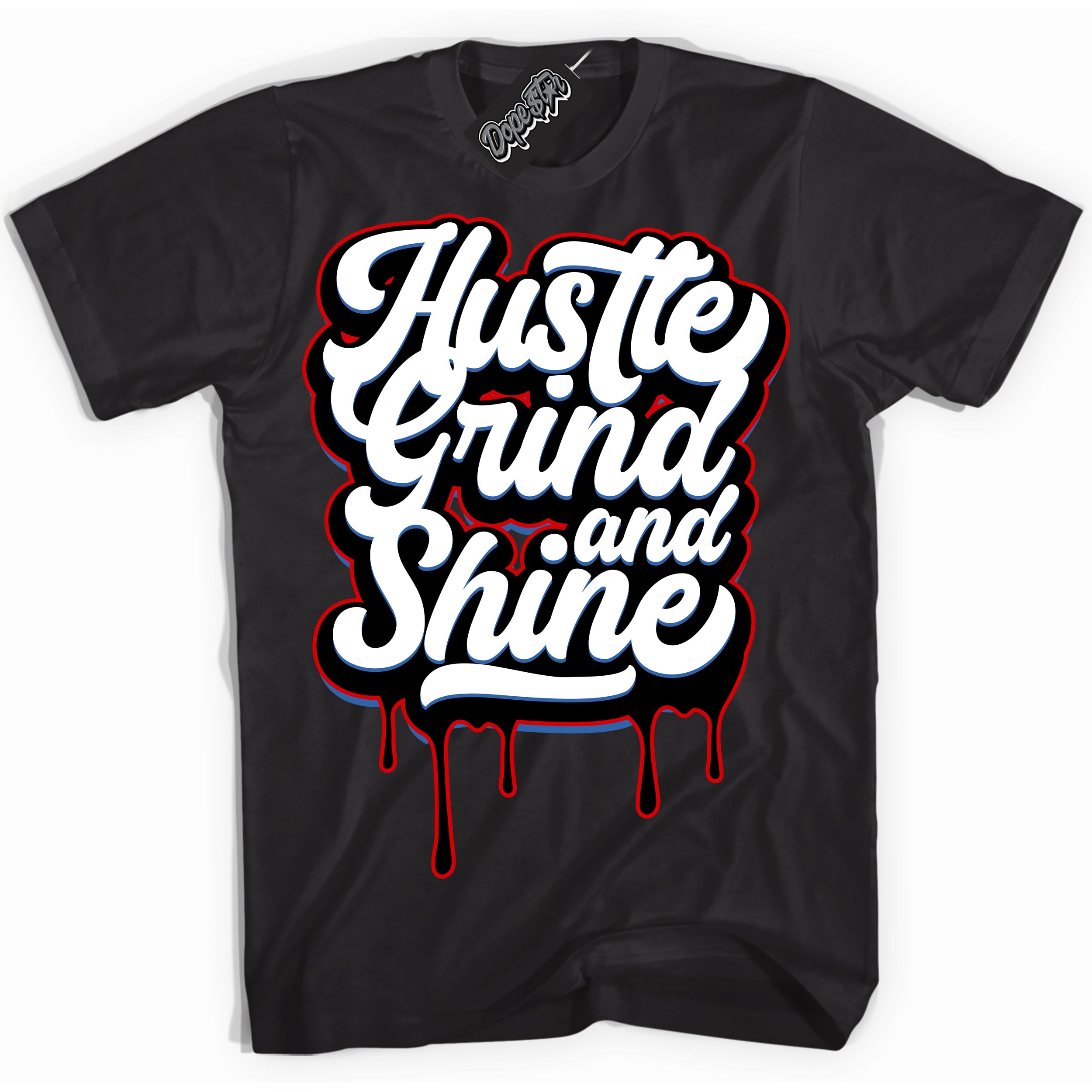 Cool Black Shirt with “ Hustle Grind And Shine” design that perfectly matches Industrial Blue Sashiko 1s Sneakers.