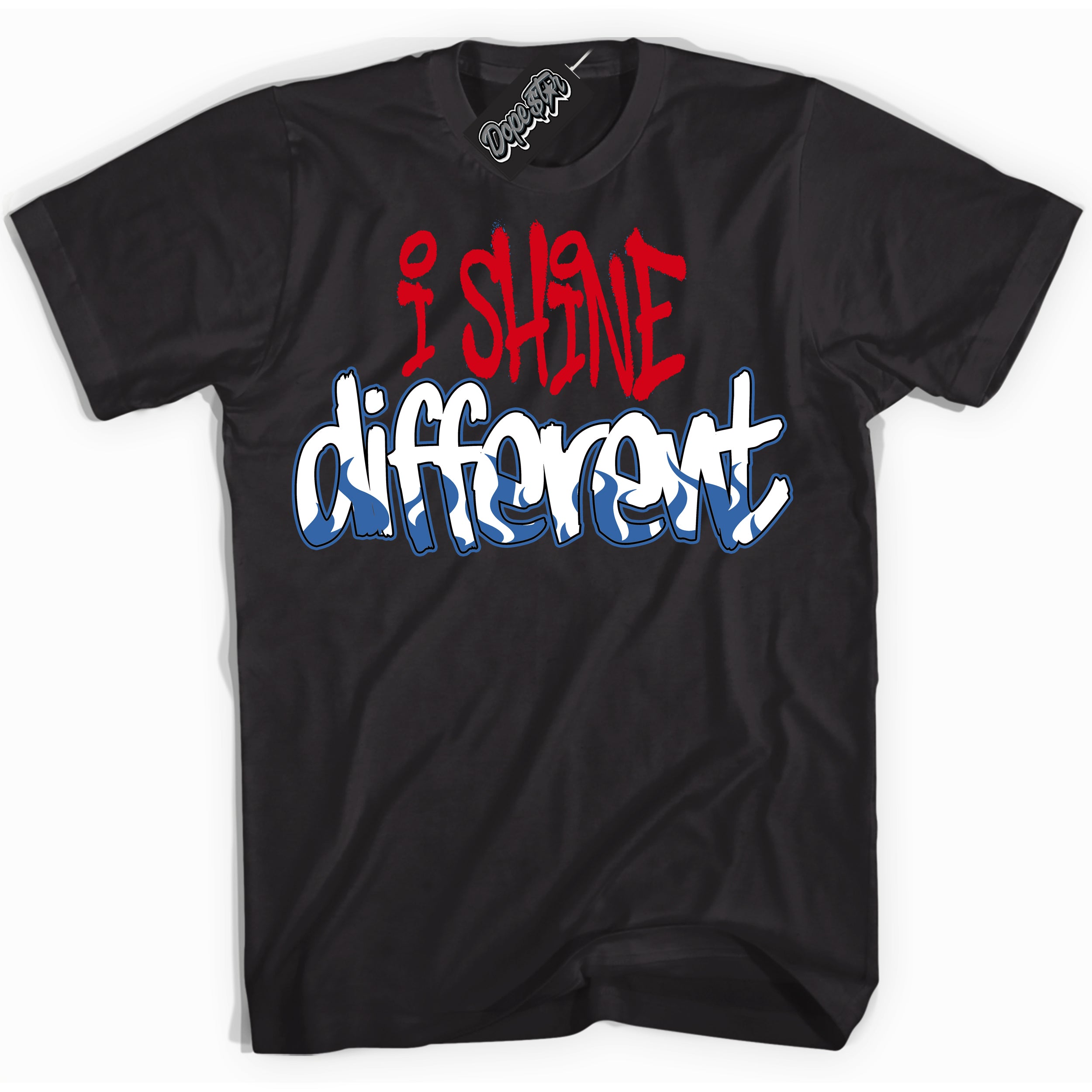 Cool Black Shirt with “ I Shine Different ” design that perfectly matches Industrial Blue Sashiko 1s Sneakers.