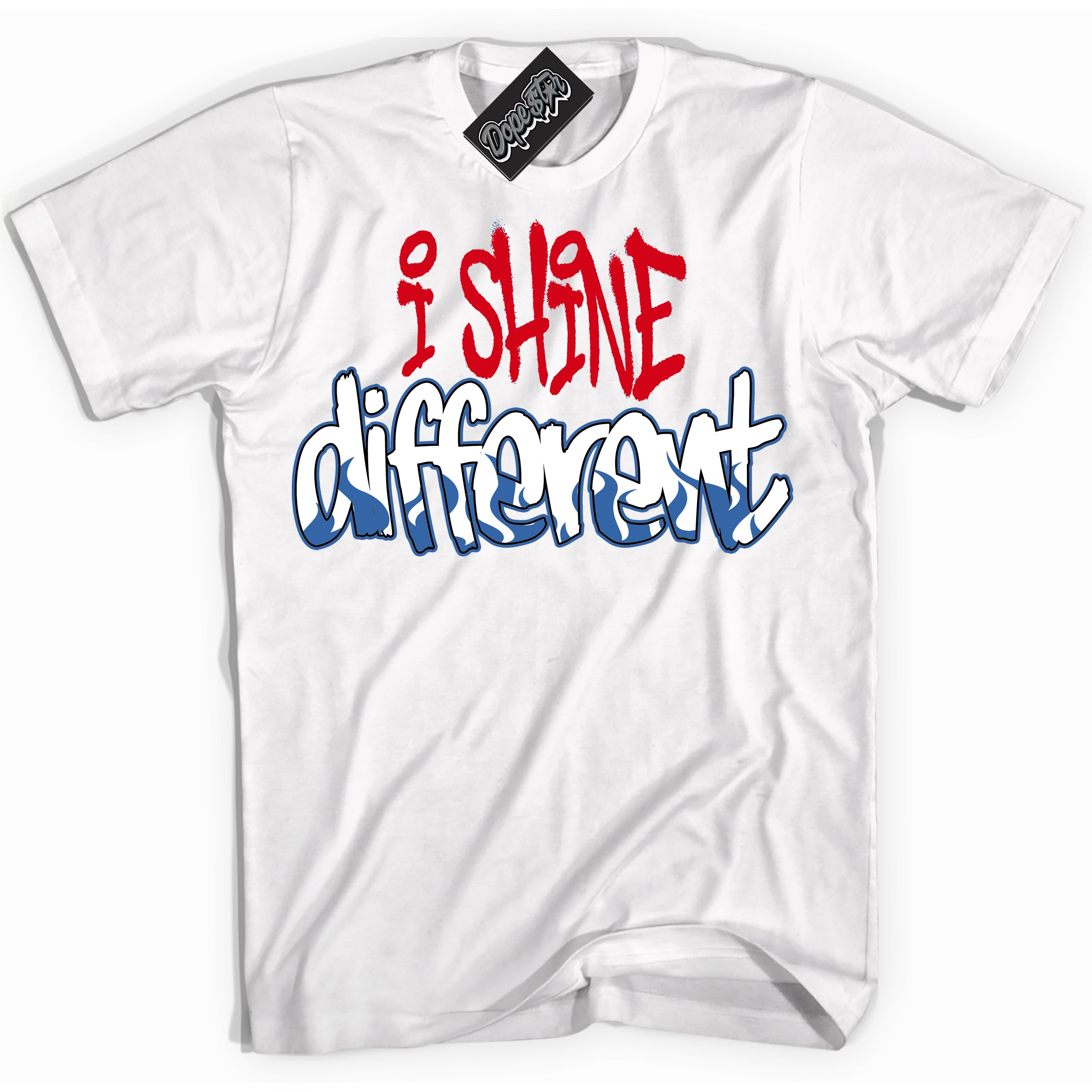 Cool White Shirt with “ I Shine Different ” design that perfectly matches Industrial Blue Sashiko 1s Sneakers.