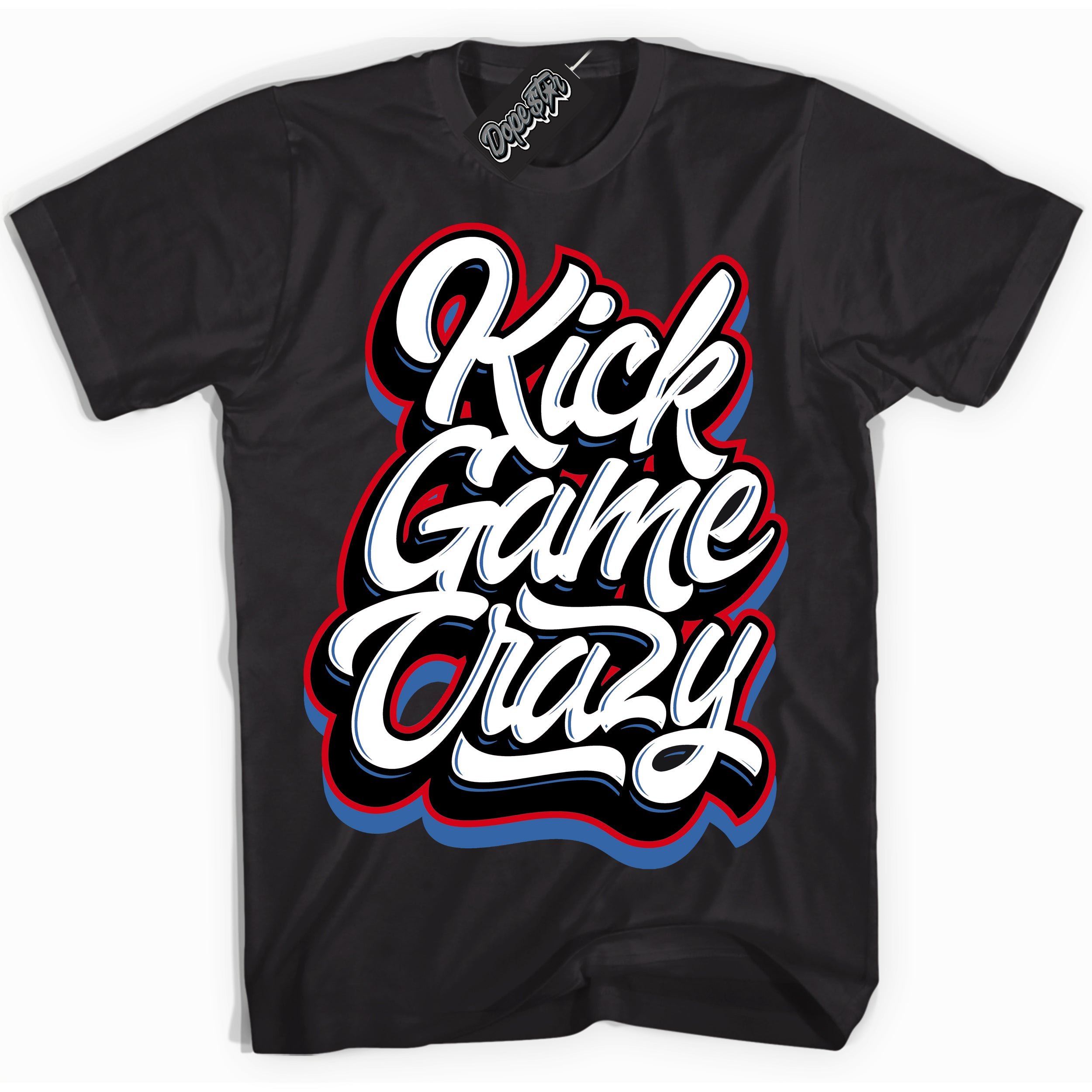 Cool Black Shirt with “ Kick Game Crazy” design that perfectly matches Industrial Blue Sashiko 1s Sneakers.