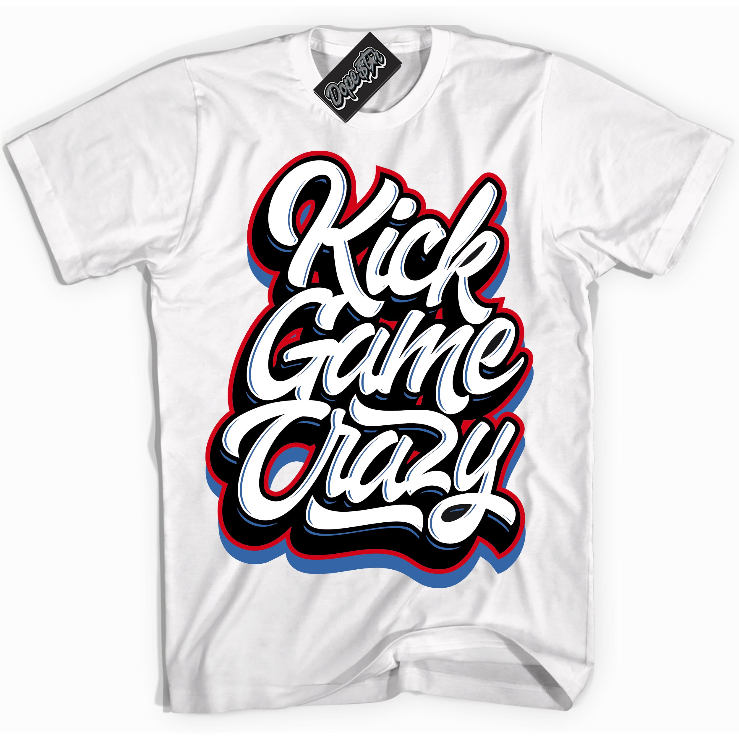 Cool White Shirt with “ Kick Game Crazy” design that perfectly matches Industrial Blue Sashiko 1s Sneakers.