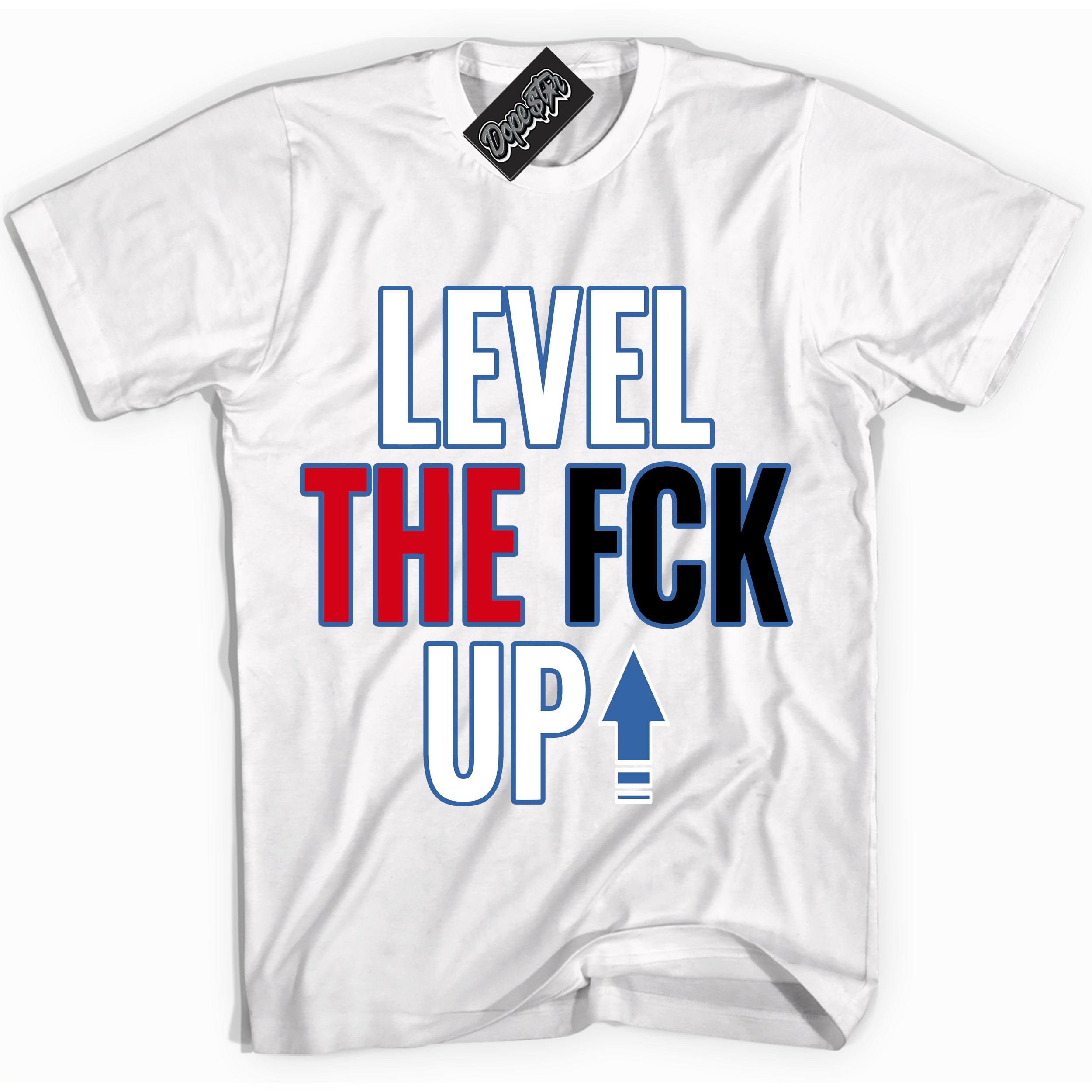 Cool White Shirt with “ Level The Fck Up ” design that perfectly matches Industrial Blue Sashiko 1s Sneakers.
