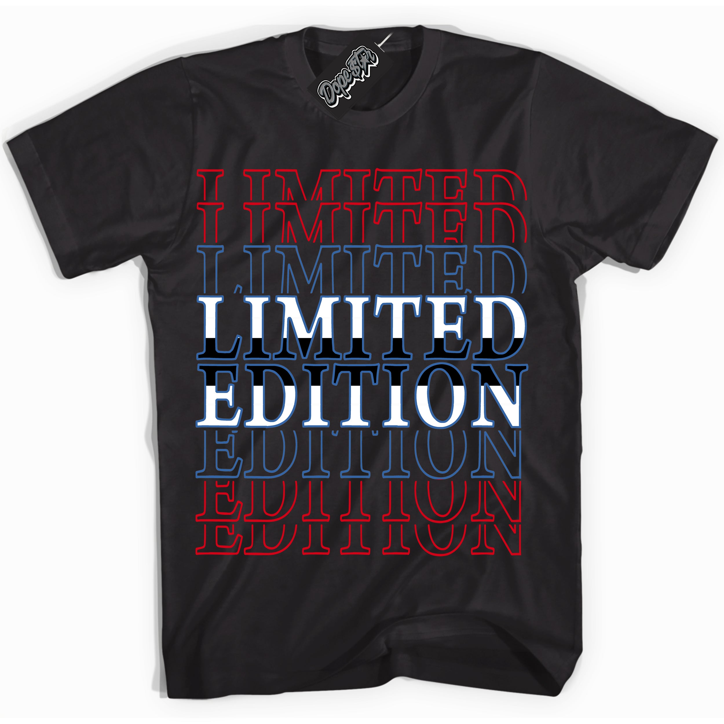 Cool Black Shirt with “ Limited Edition” design that perfectly matches Industrial Blue Sashiko 1s Sneakers.