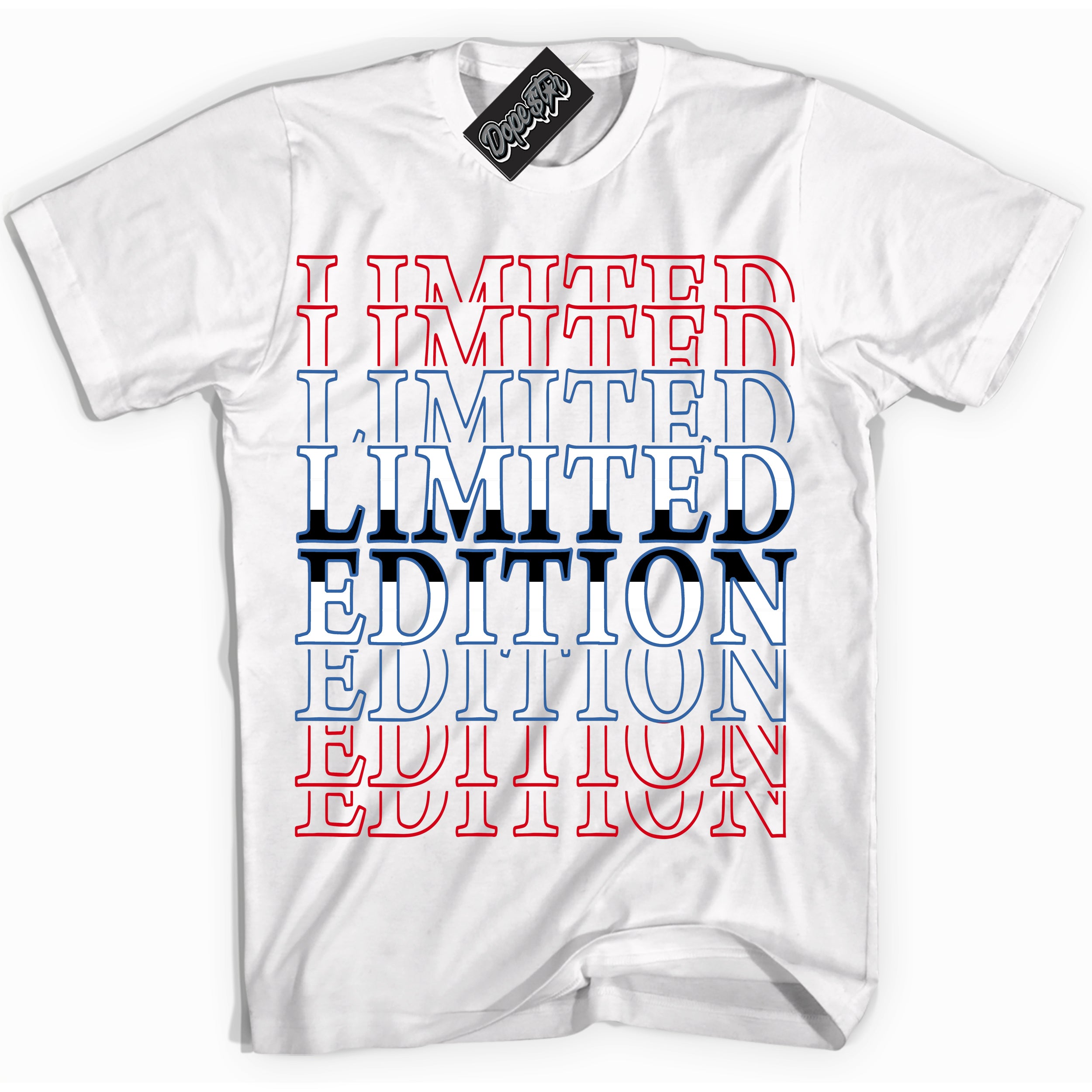 Cool White Shirt with “ Limited Edition” design that perfectly matches Industrial Blue Sashiko 1s Sneakers.