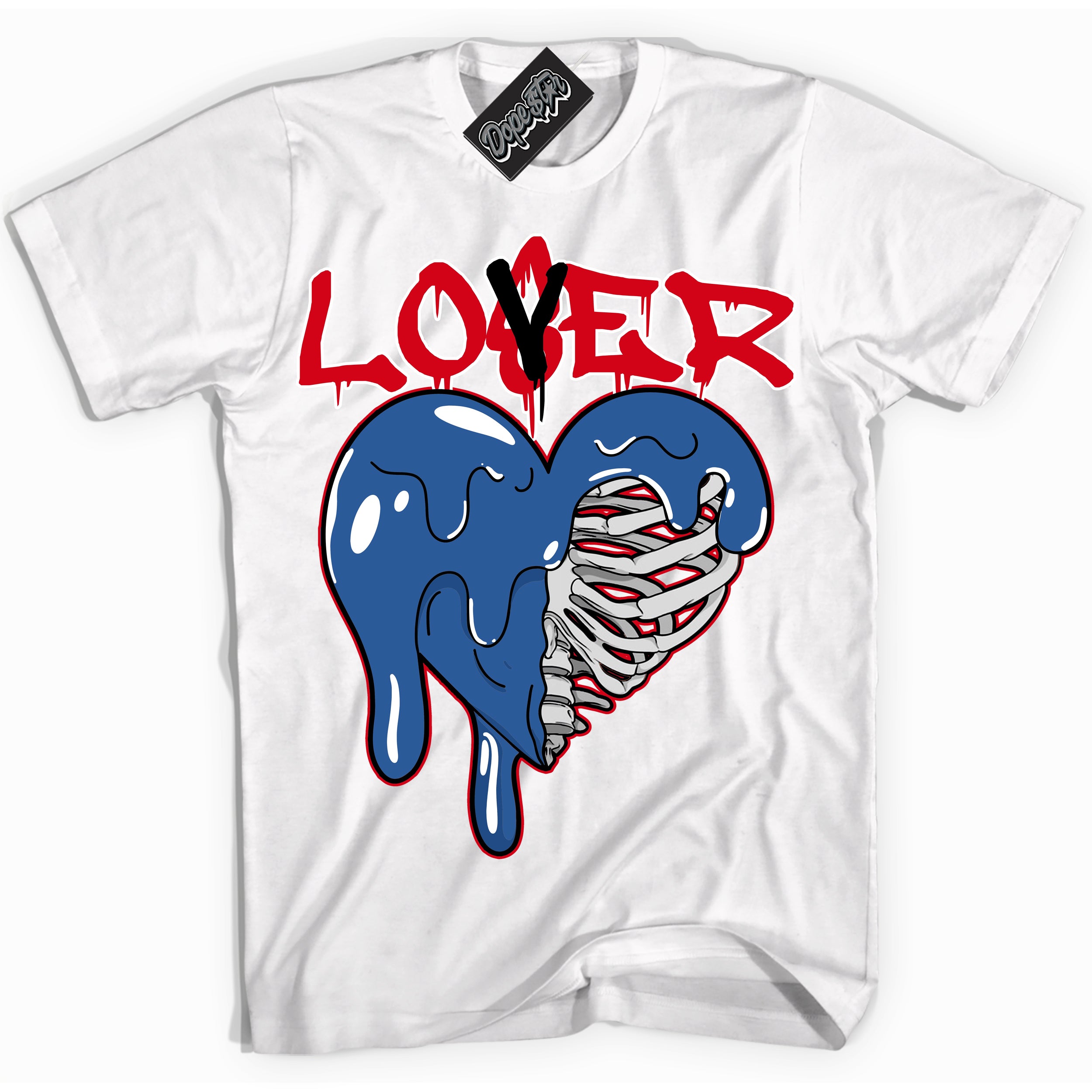Cool White Shirt with “ Lover Loser” design that perfectly matches Industrial Blue Sashiko 1s Sneakers.