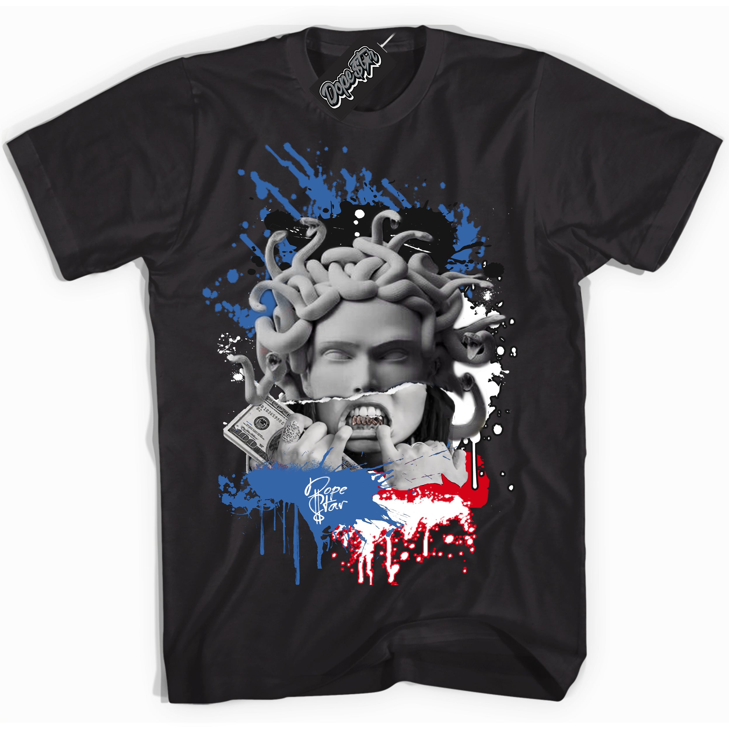 Cool Black Shirt with “ Medusa” design that perfectly matches Industrial Blue Sashiko 1s Sneakers.