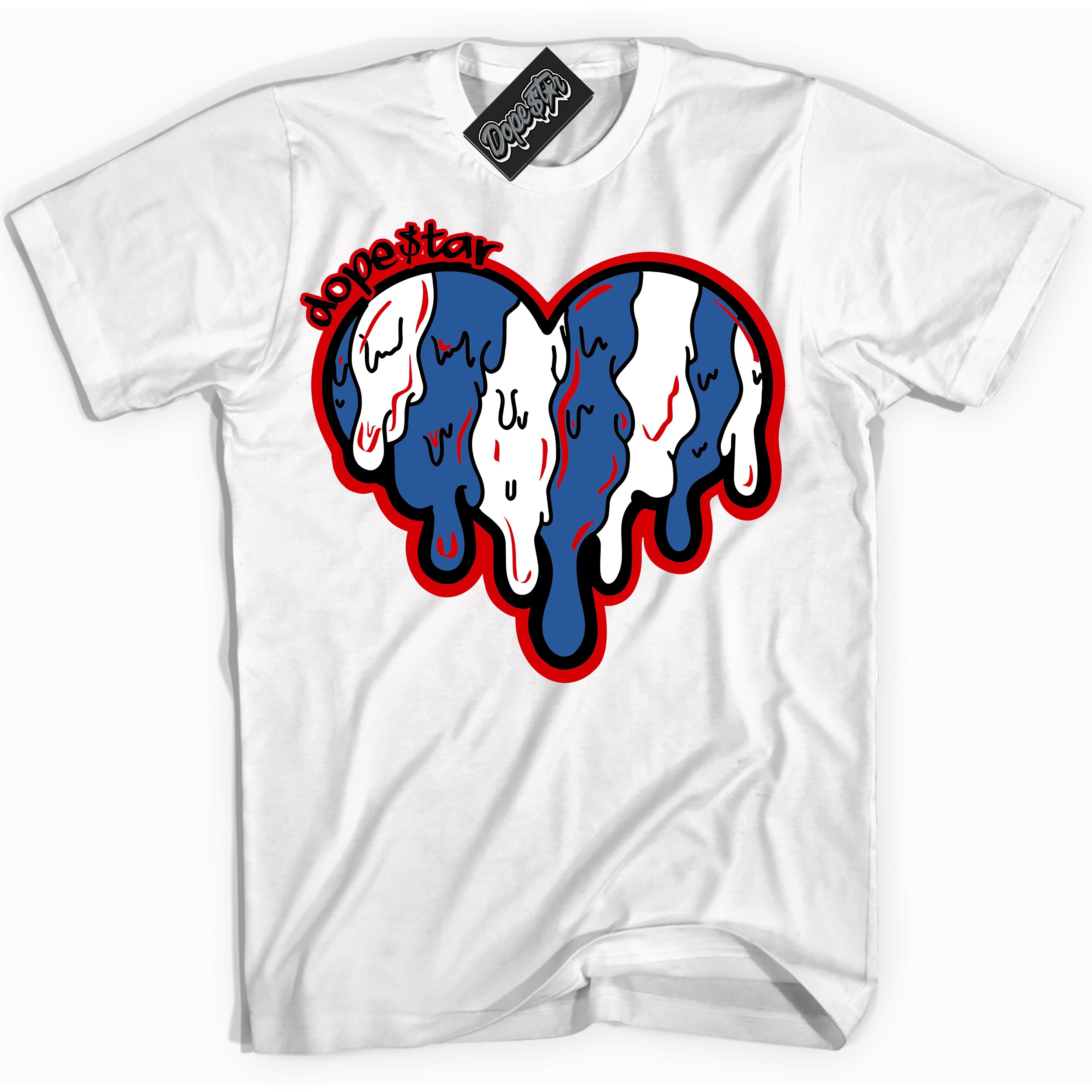 Cool White Shirt with “ Melting Heart ” design that perfectly matches Industrial Blue Sashiko 1s Sneakers.