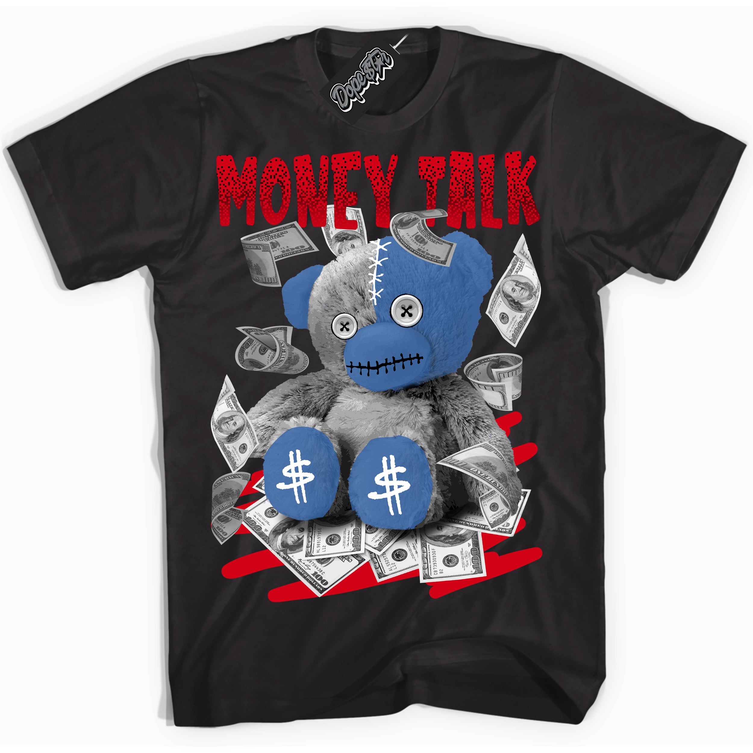 Cool Black Shirt with “ Money Talk Bear ” design that perfectly matches Industrial Blue Sashiko 1s Sneakers.