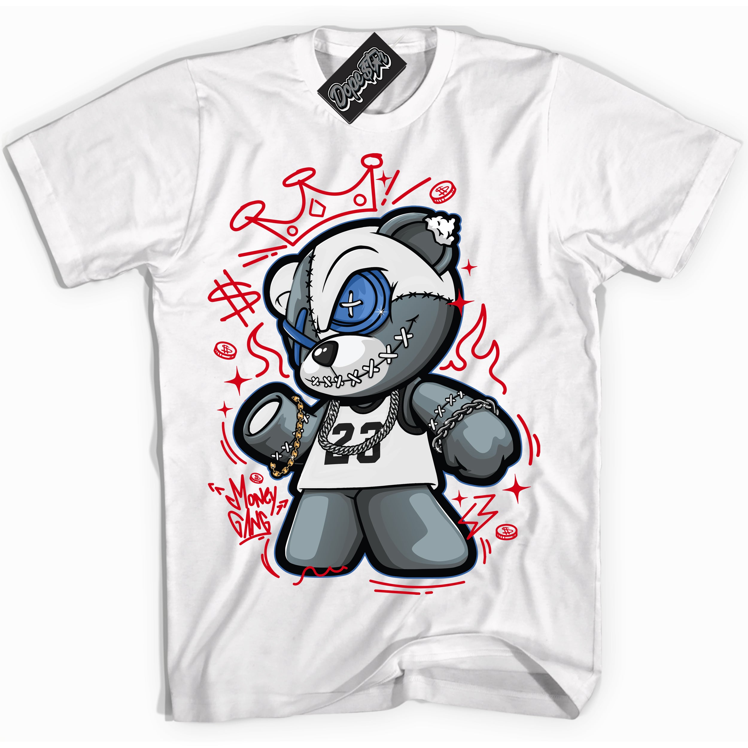 Cool White Shirt with “ Money Gang Bear” design that perfectly matches Industrial Blue Sashiko 1s Sneakers.