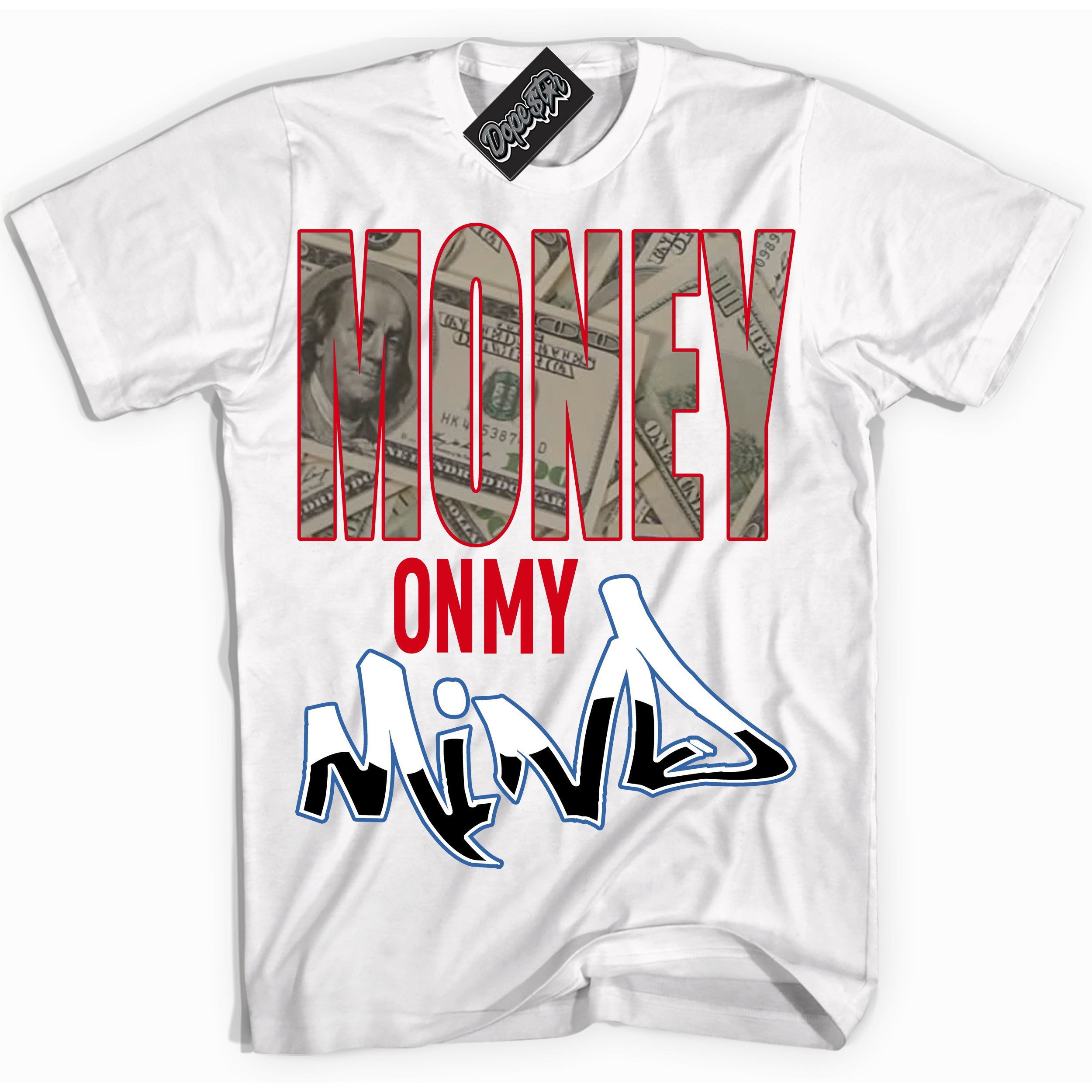 Cool White Shirt with “ Money On My Mind” design that perfectly matches Industrial Blue Sashiko 1s Sneakers.