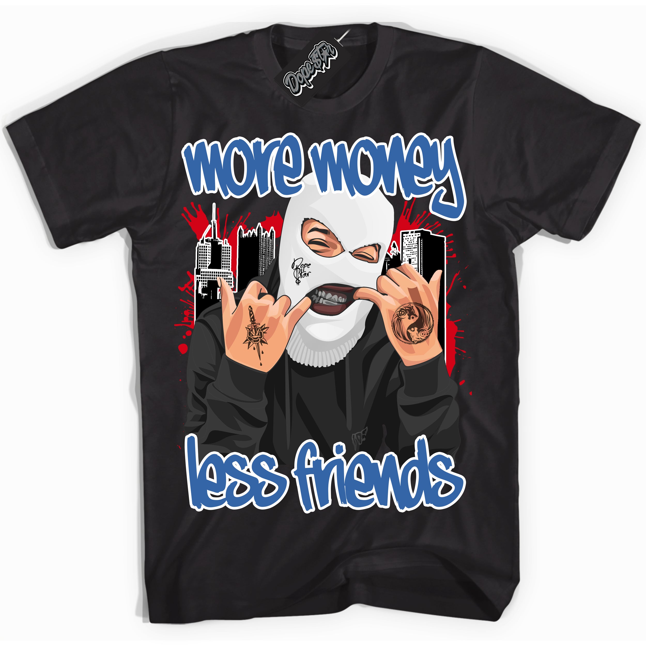 Cool Black Shirt with “ More Money Less Friends” design that perfectly matches Industrial Blue Sashiko 1s Sneakers.