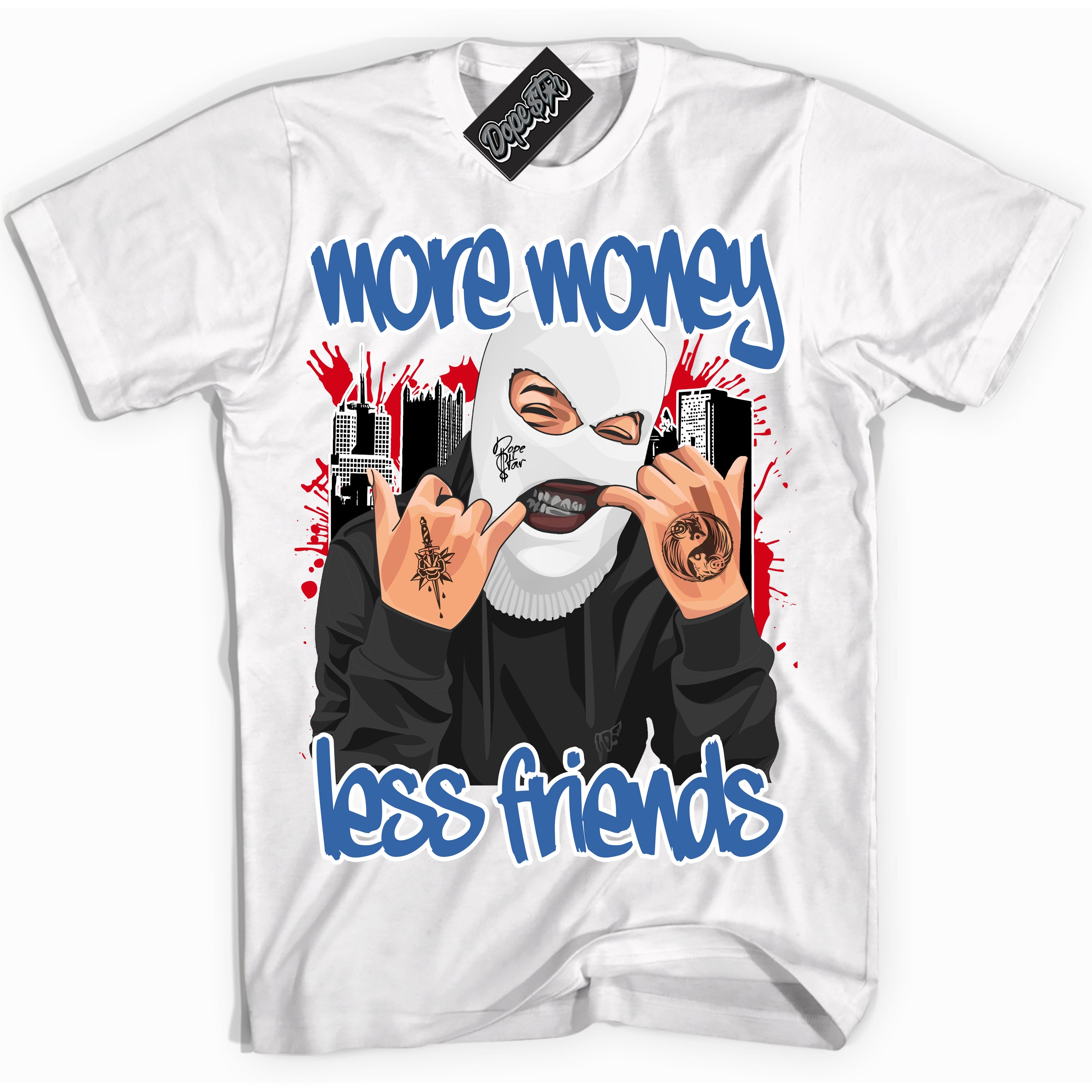Cool White Shirt with “ More Money Less Friends” design that perfectly matches Industrial Blue Sashiko 1s Sneakers.