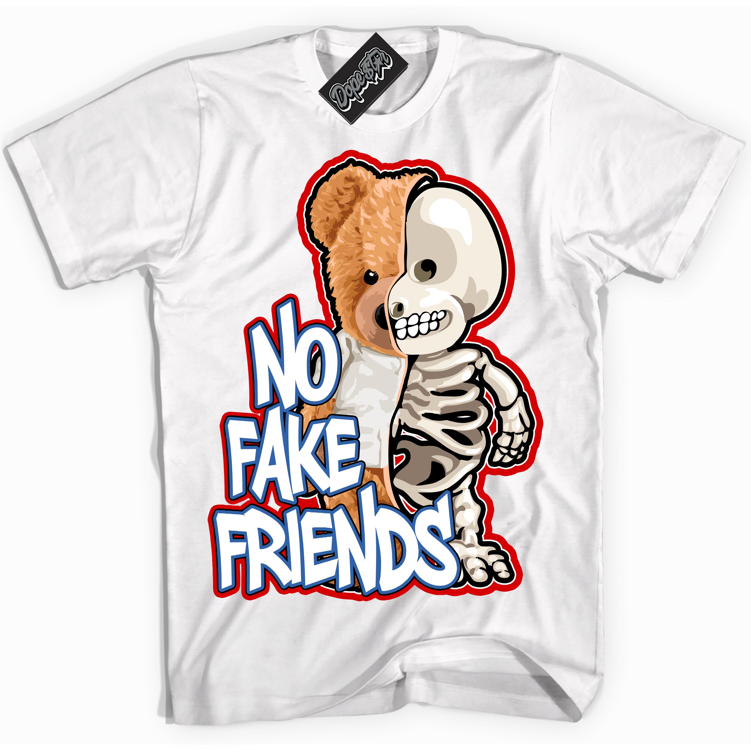 Cool White Shirt with “ No Fake Friends” design that perfectly matches Industrial Blue Sashiko 1s Sneakers.