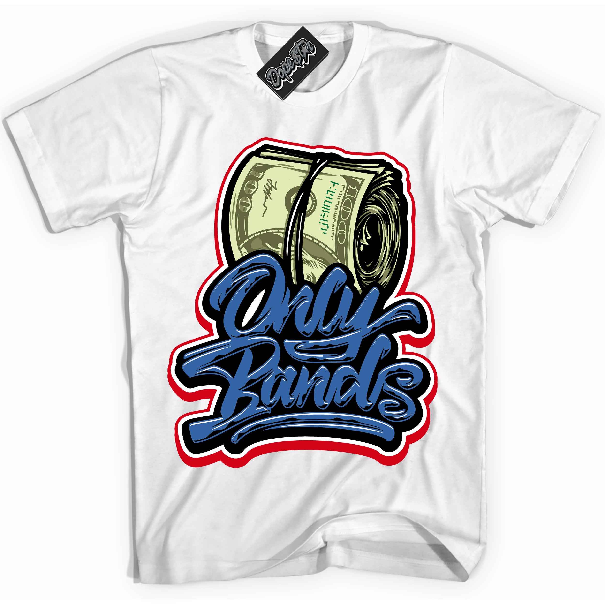 Cool White Shirt with “ Only Bands” design that perfectly matches Industrial Blue Sashiko 1s Sneakers.