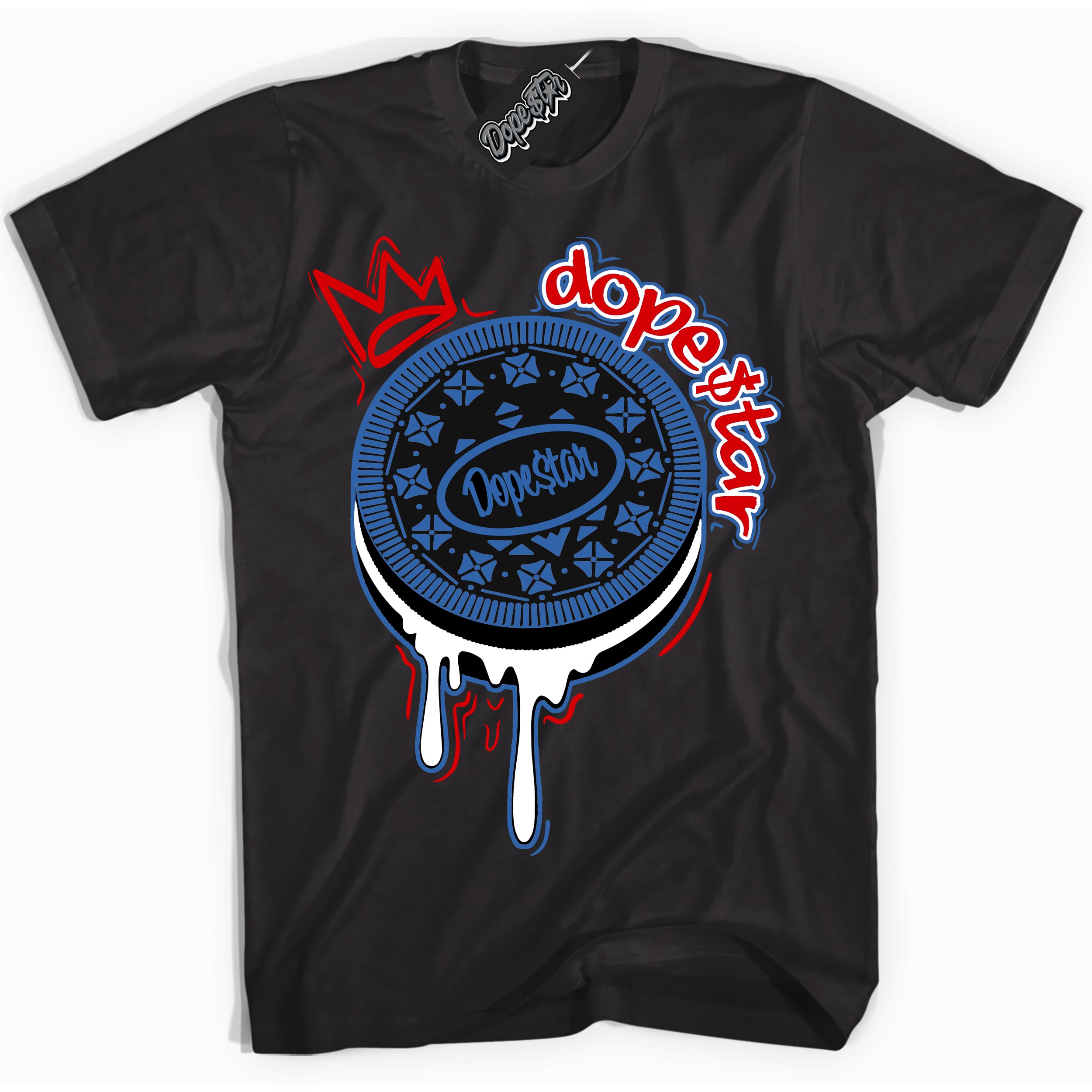 Cool Black Shirt with “ Oreo DS” design that perfectly matches Industrial Blue Sashiko 1s Sneakers.