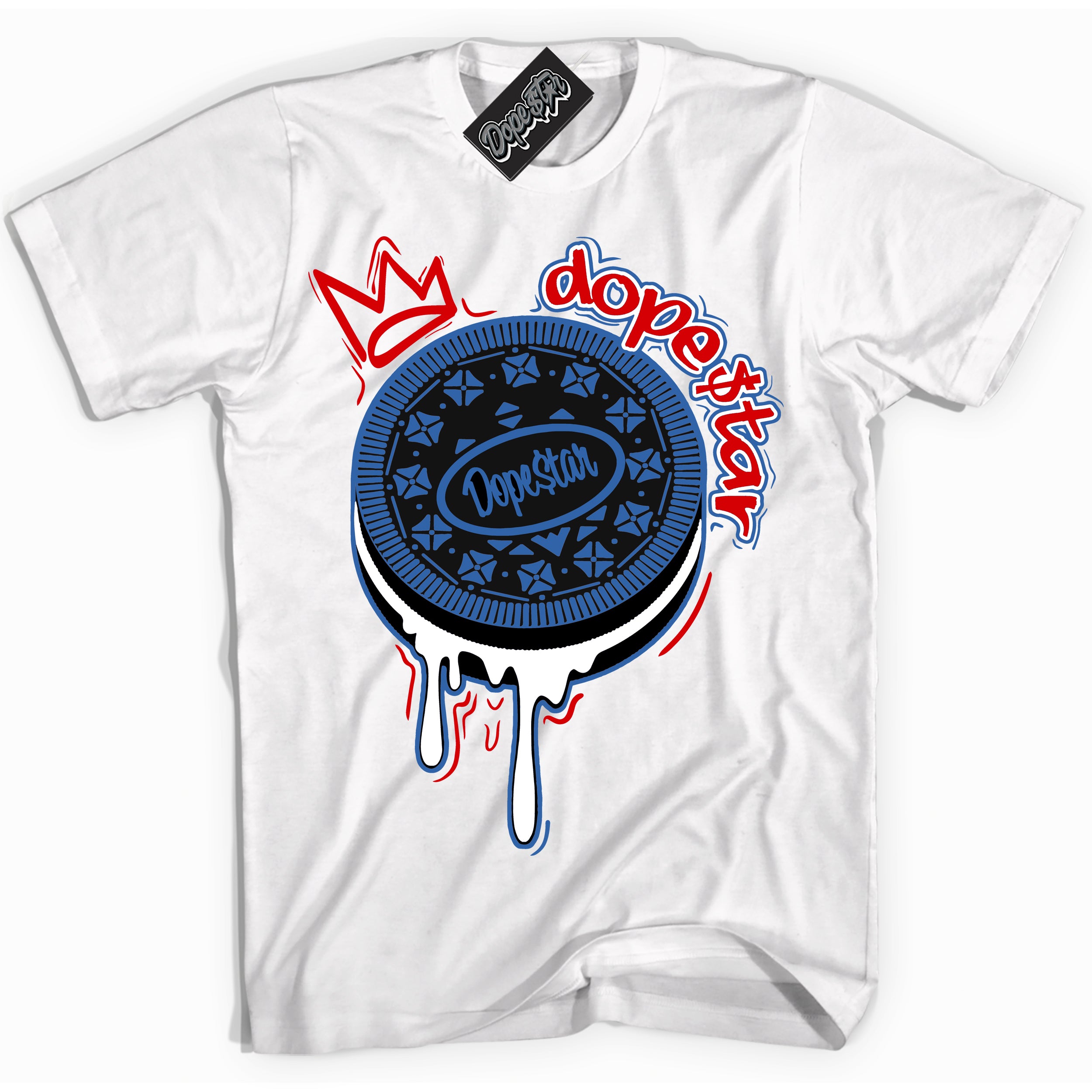Cool White Shirt with “ Oreo DS” design that perfectly matches Industrial Blue Sashiko 1s Sneakers.