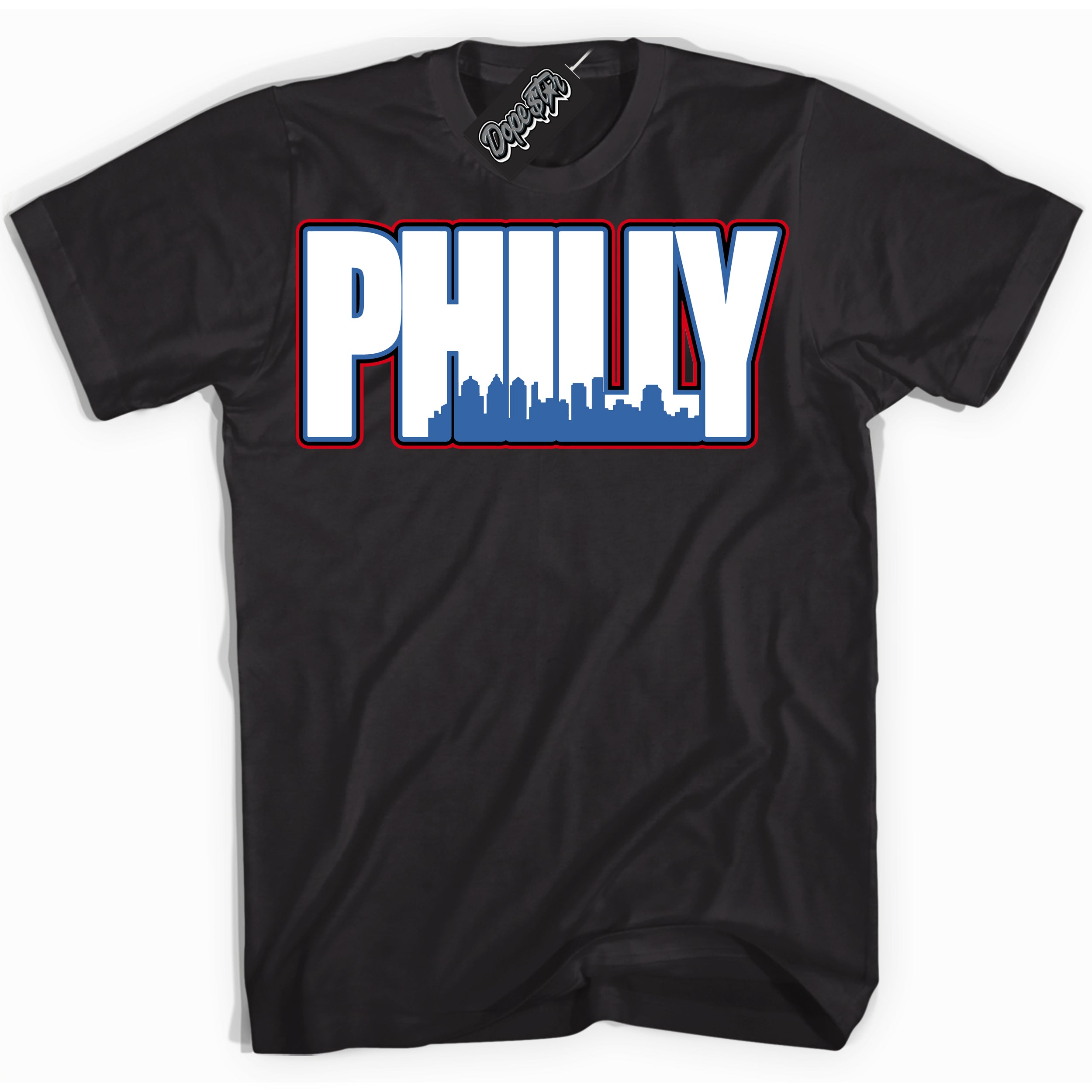 Cool Black Shirt with “ Philly” design that perfectly matches Industrial Blue Sashiko 1s Sneakers.