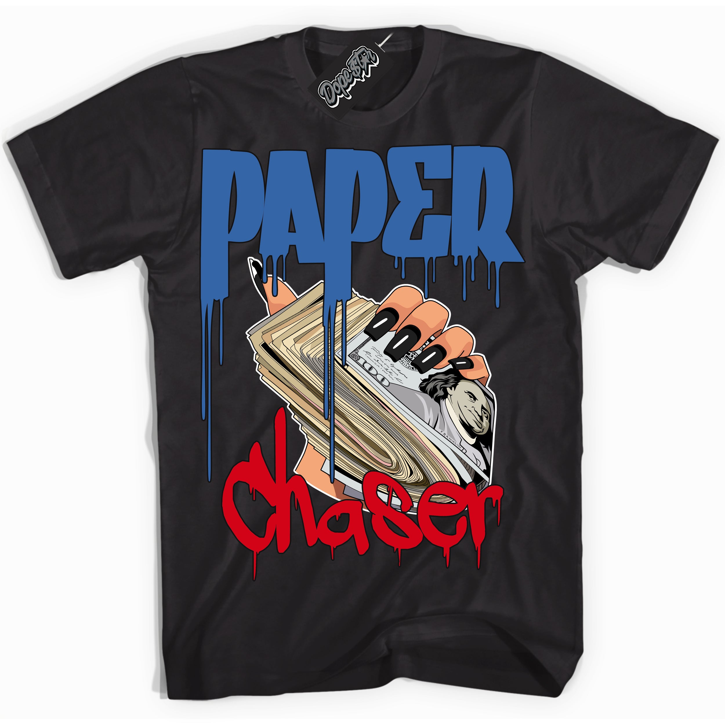 Cool Black Shirt with “ Paper Chaser ” design that perfectly matches Industrial Blue Sashiko 1s Sneakers.
