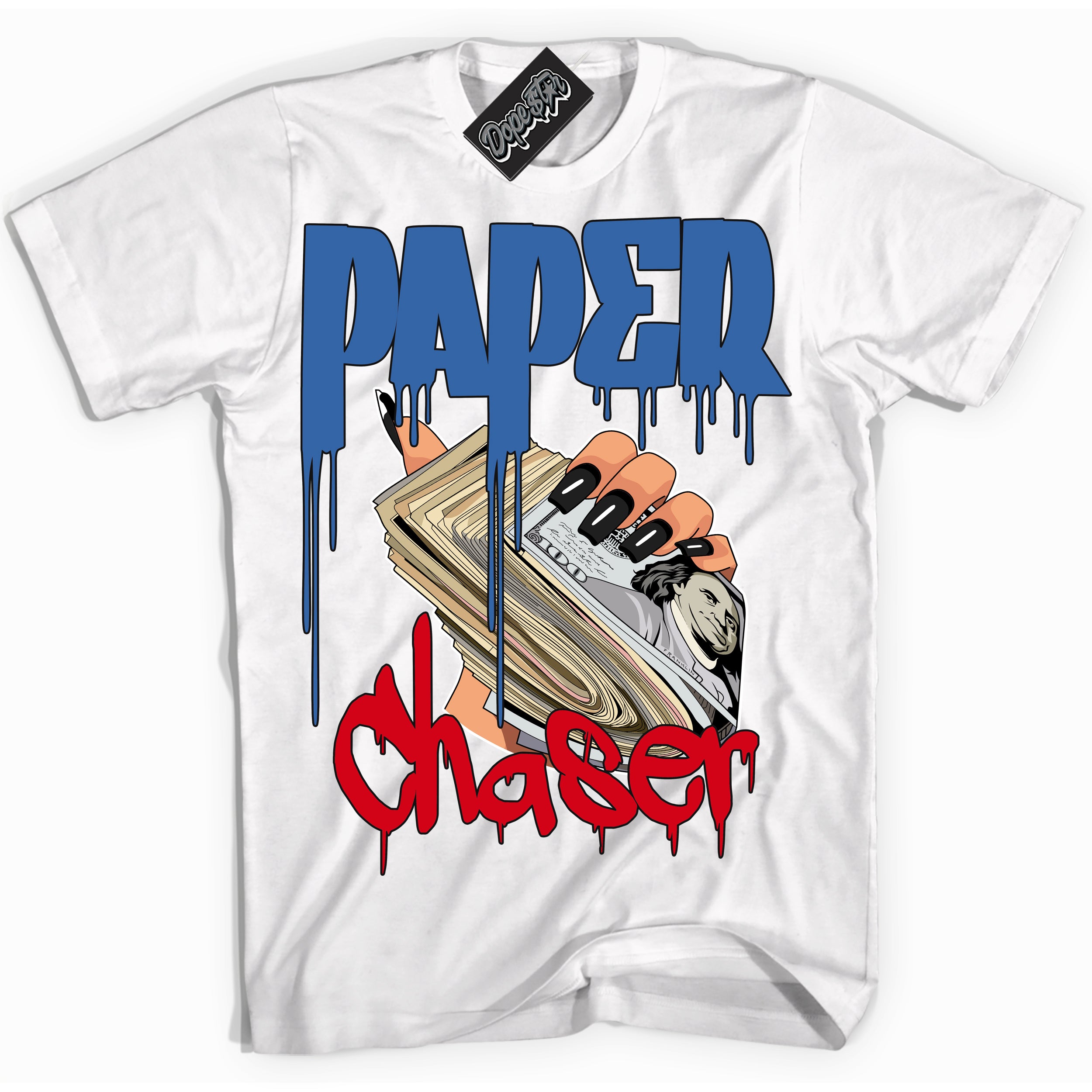 Cool White Shirt with “ Paper Chaser ” design that perfectly matches Industrial Blue Sashiko 1s Sneakers.