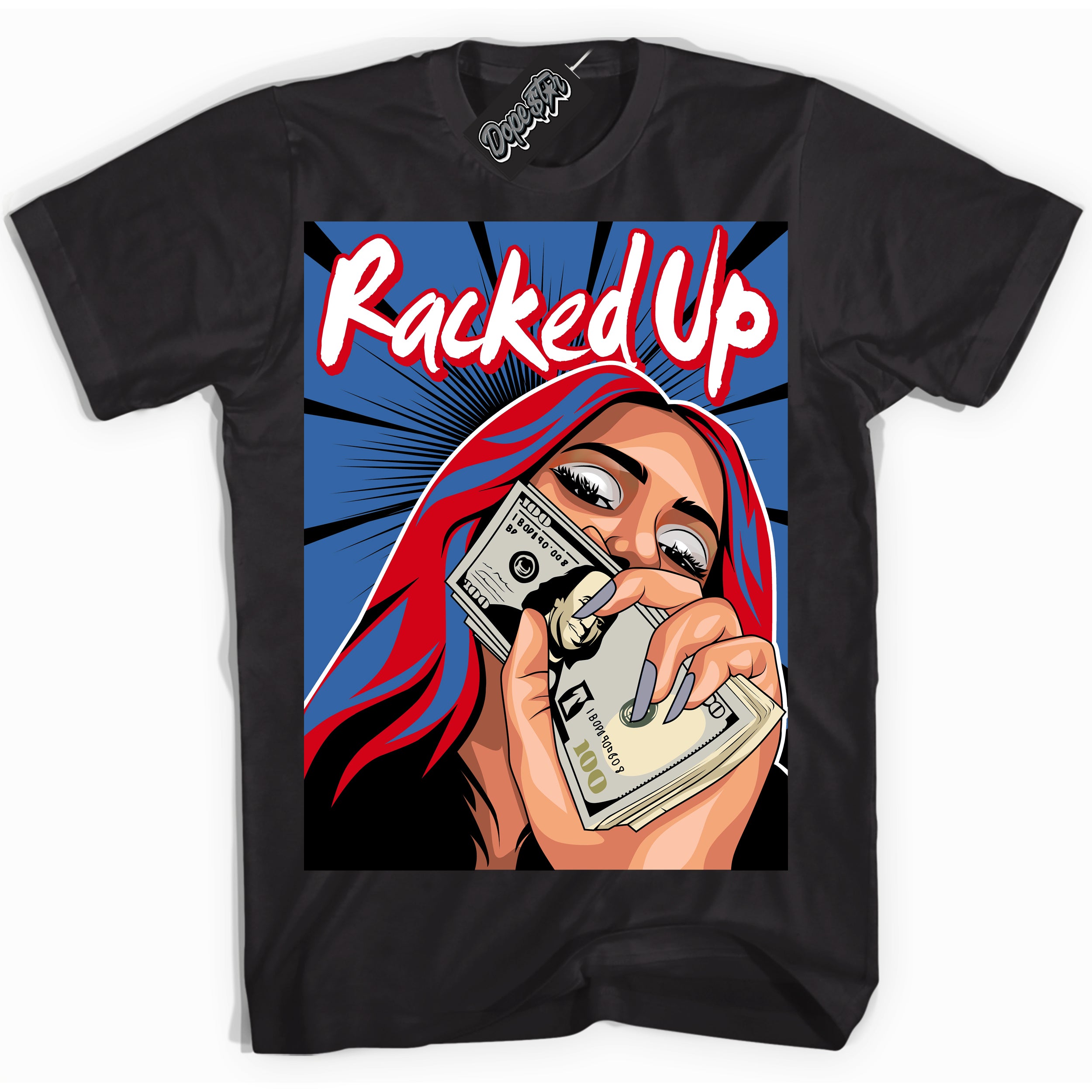 Cool Black Shirt with “ Racked Up” design that perfectly matches Industrial Blue Sashiko 1s Sneakers.