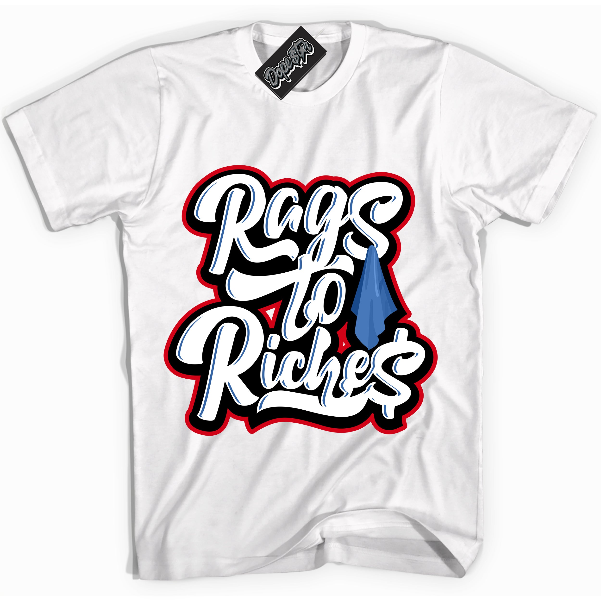 Cool White Shirt with “ Rags To Riches” design that perfectly matches Industrial Blue Sashiko 1s Sneakers.