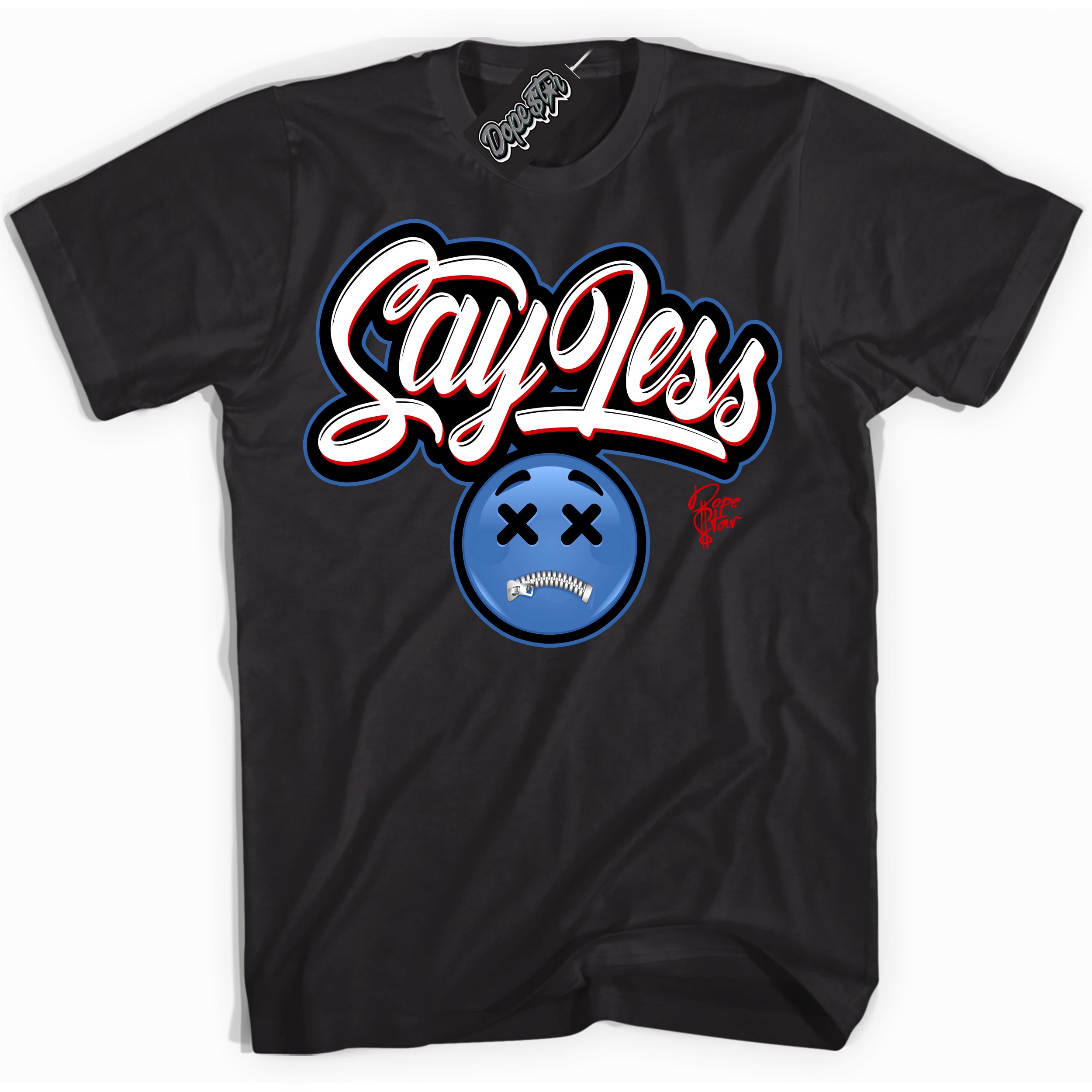 Cool Black Shirt with “ Say Less” design that perfectly matches Industrial Blue Sashiko 1s Sneakers.