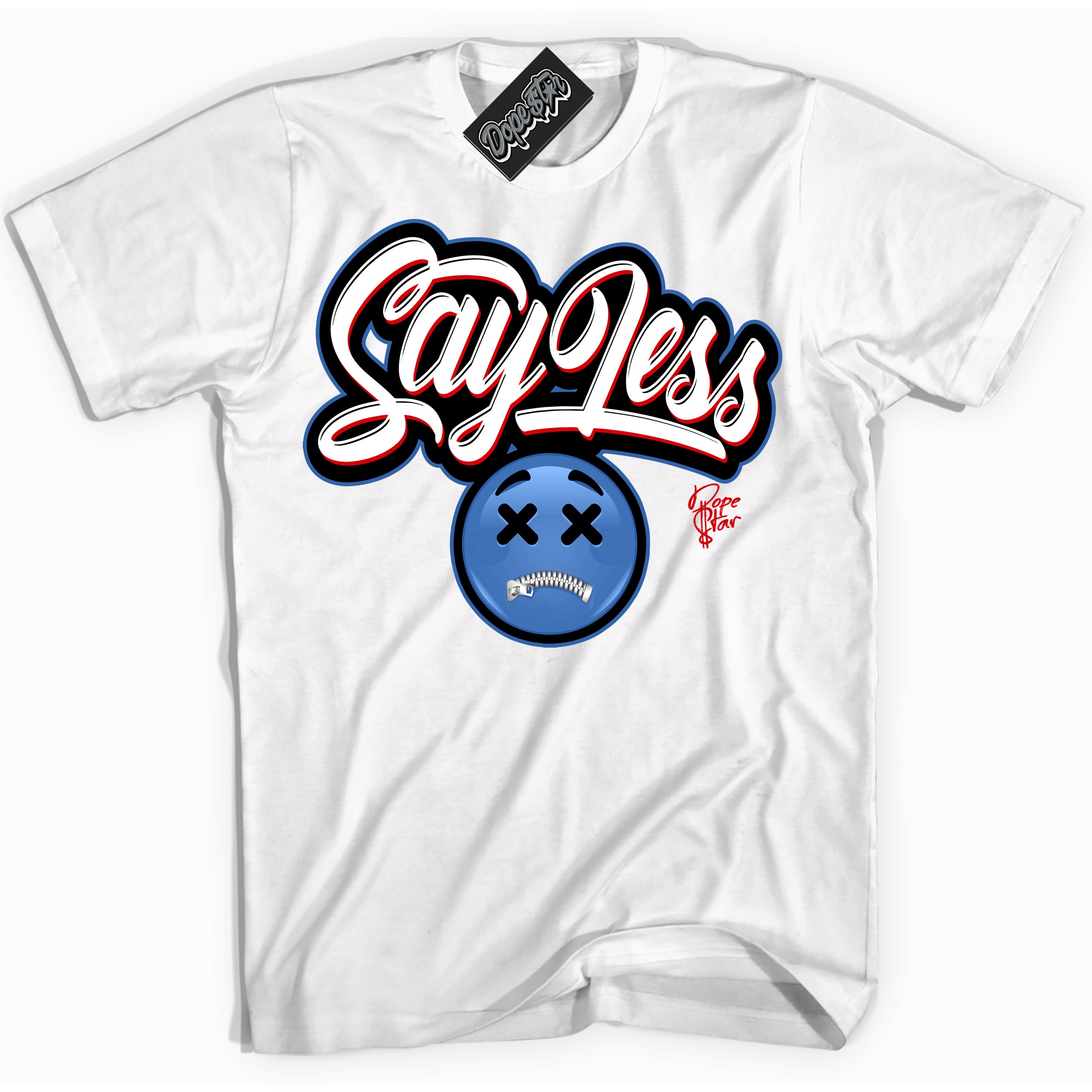 Cool White Shirt with “ Say Less” design that perfectly matches Industrial Blue Sashiko 1s Sneakers.