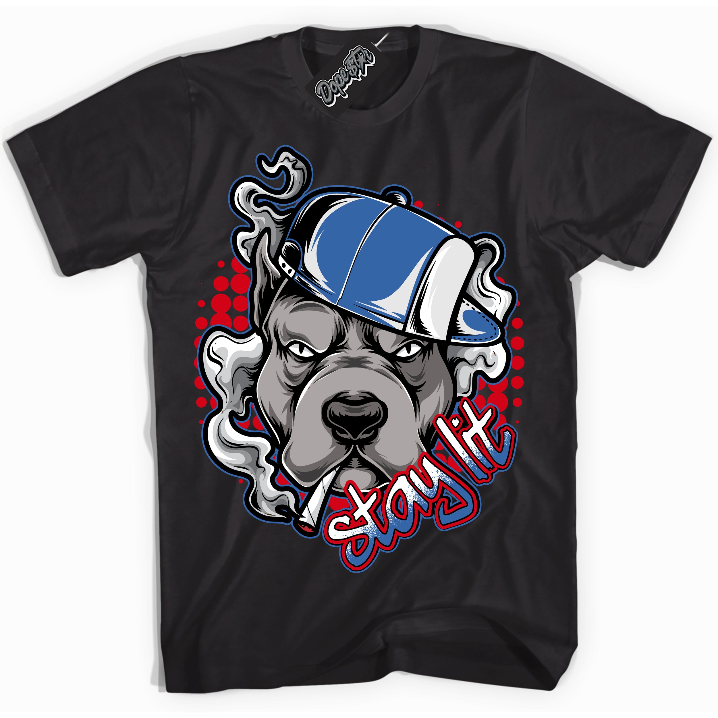 Cool Black Shirt with “ Stay Lit” design that perfectly matches Industrial Blue Sashiko 1s Sneakers.