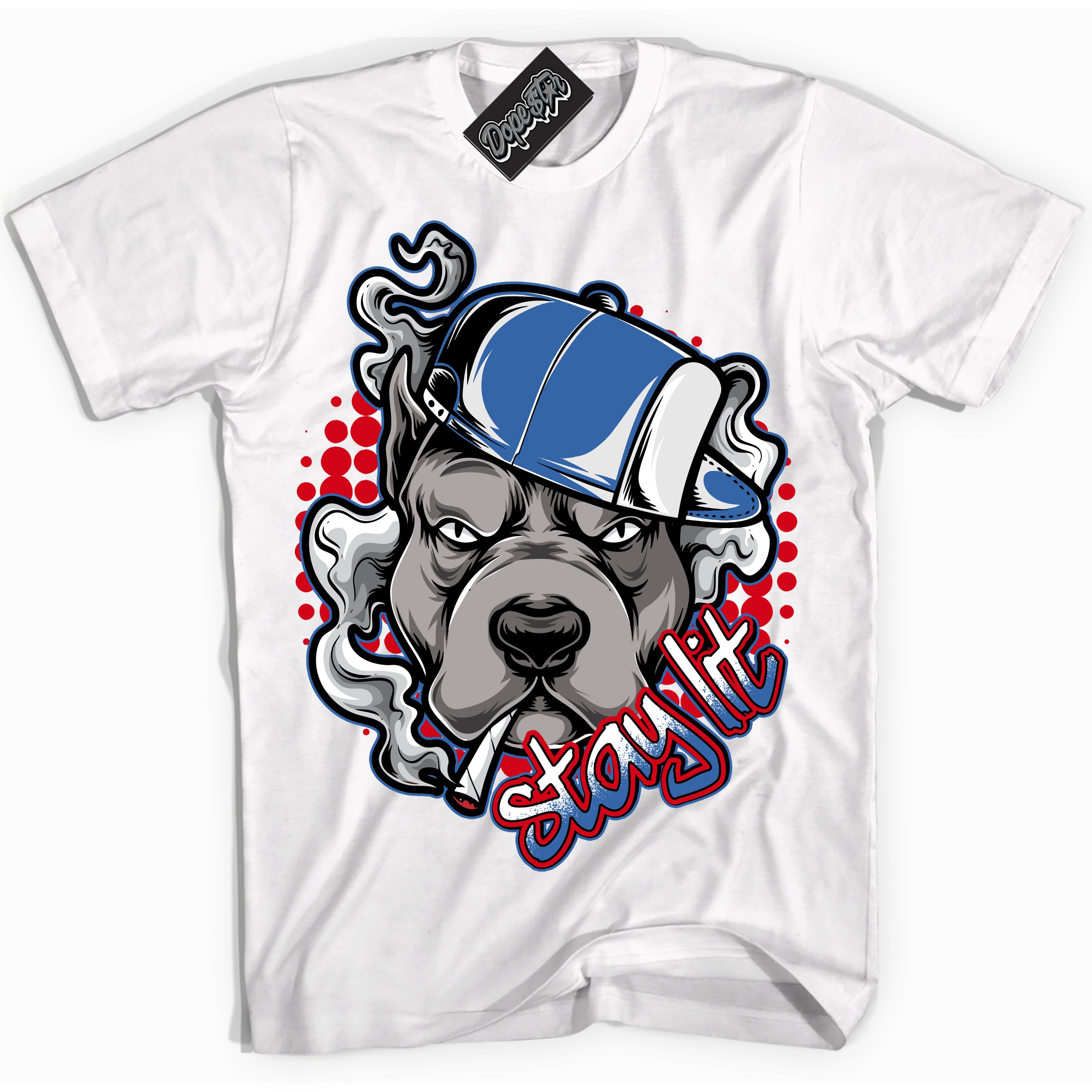 Cool White Shirt with “ Stay Lit” design that perfectly matches Industrial Blue Sashiko 1s Sneakers.