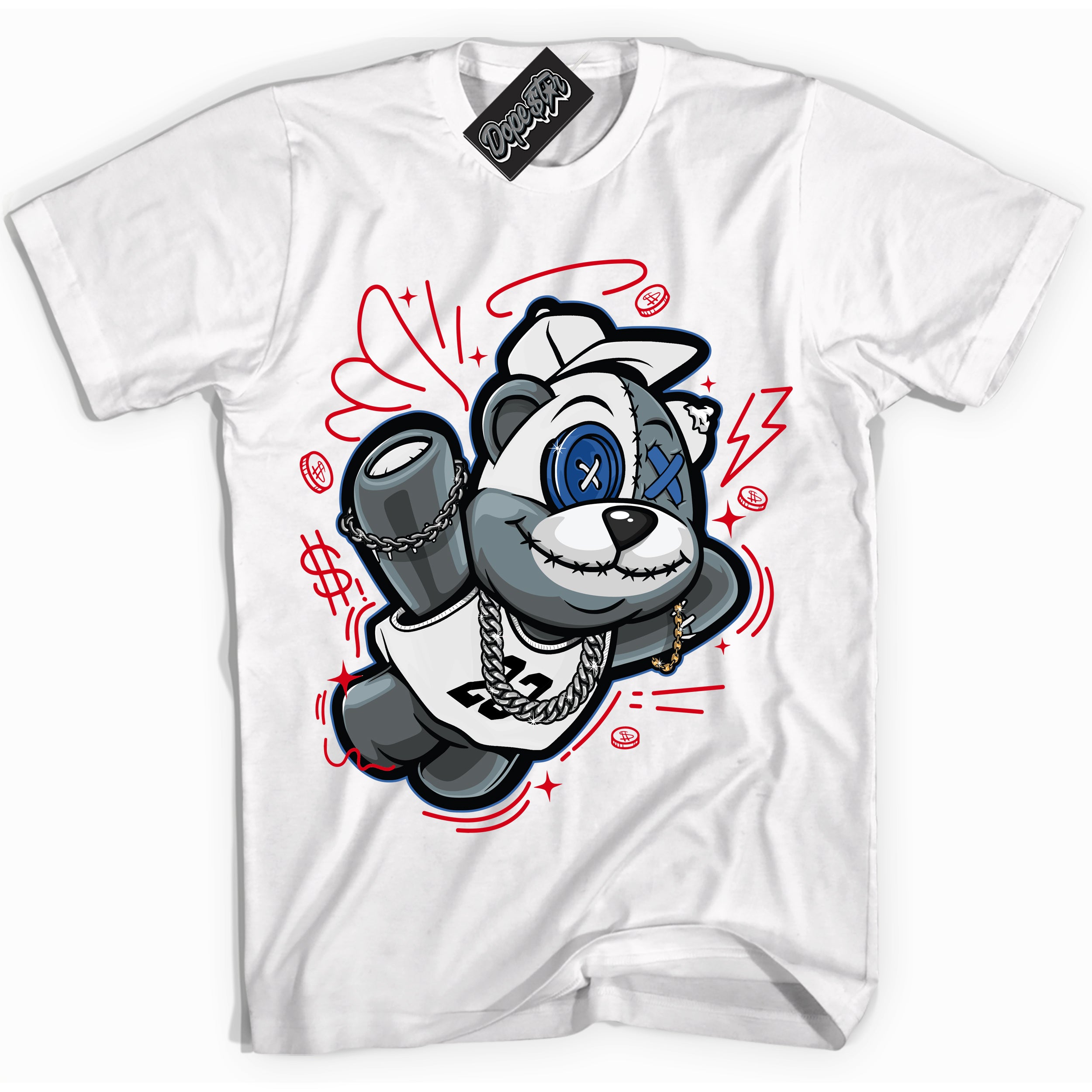 Cool White Shirt with “ Slam Dunk Bear ” design that perfectly matches Industrial Blue Sashiko 1s Sneakers.