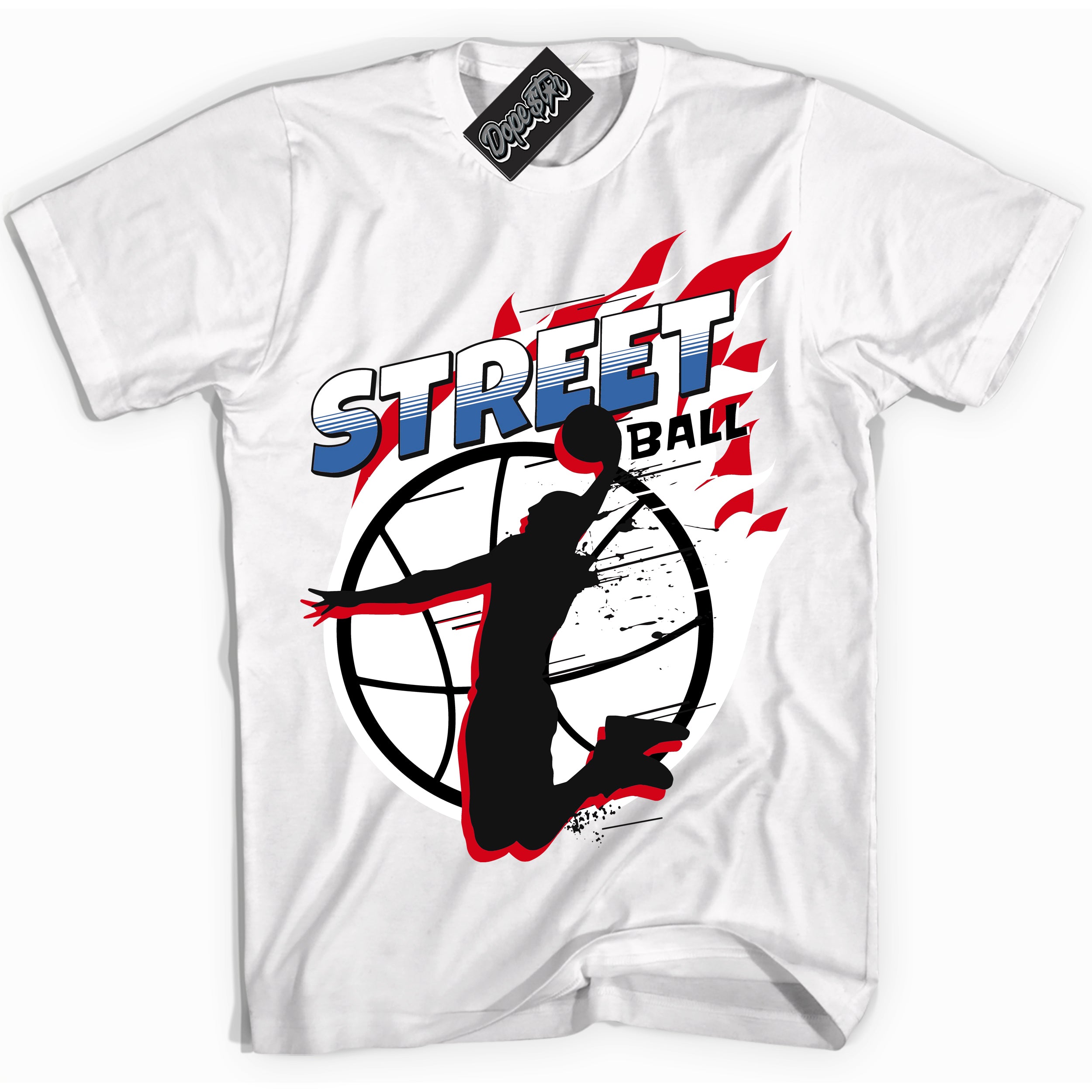 Cool White Shirt with “ Street Ball” design that perfectly matches Industrial Blue Sashiko 1s Sneakers.