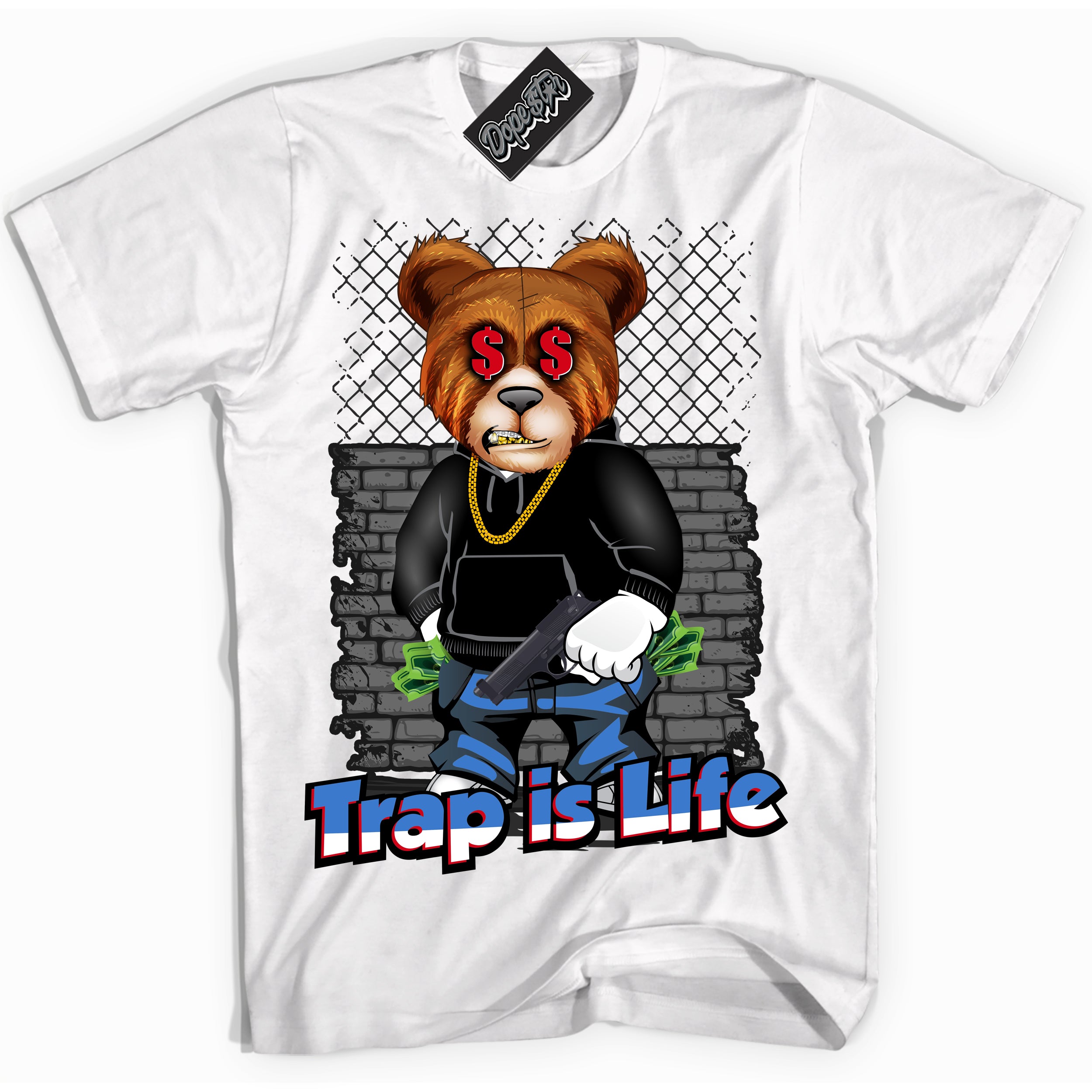 Cool White Shirt with “ Trap Is Life ” design that perfectly matches Industrial Blue Sashiko 1s Sneakers.