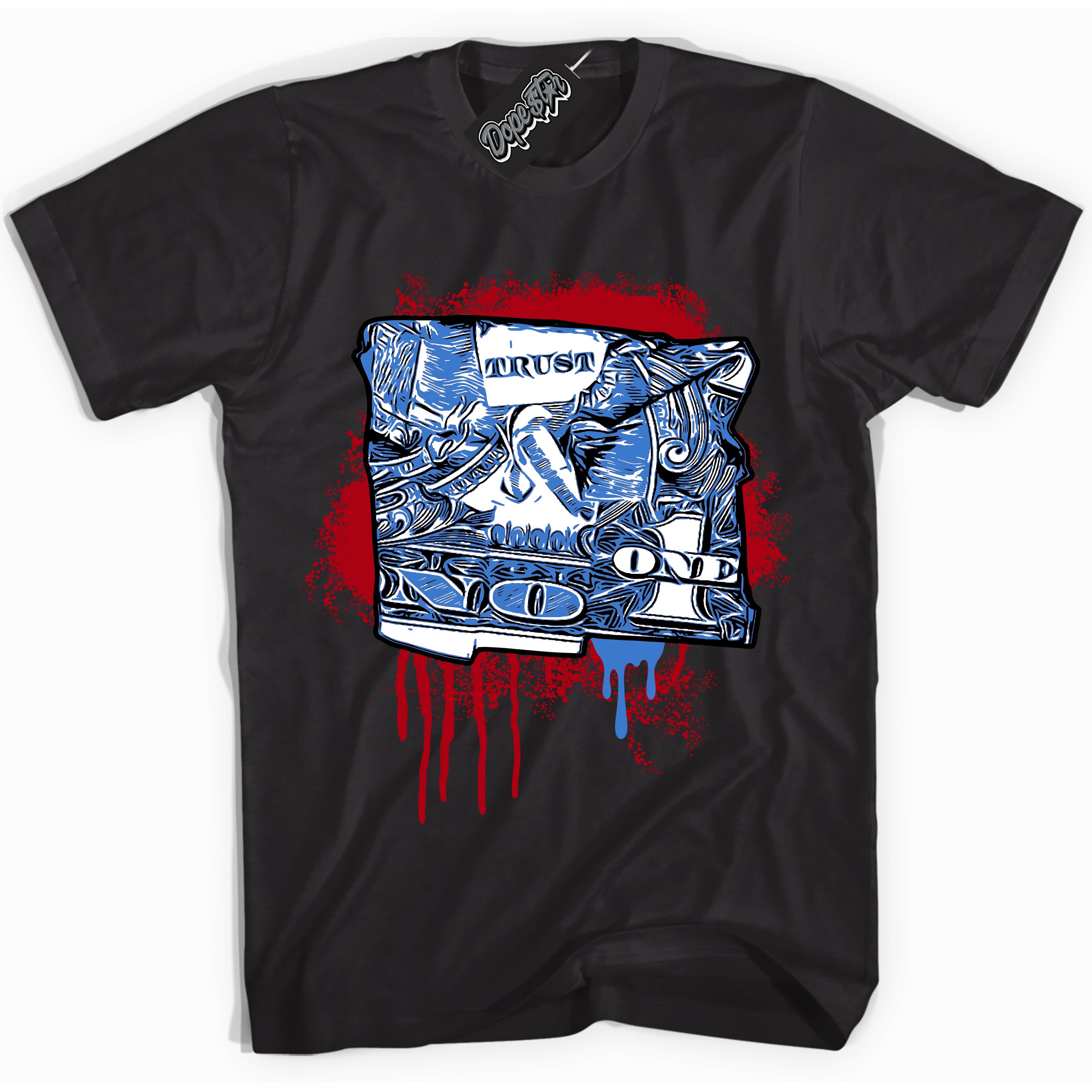 Cool Black Shirt with “ Trust No One Dollar” design that perfectly matches Industrial Blue Sashiko 1s Sneakers.