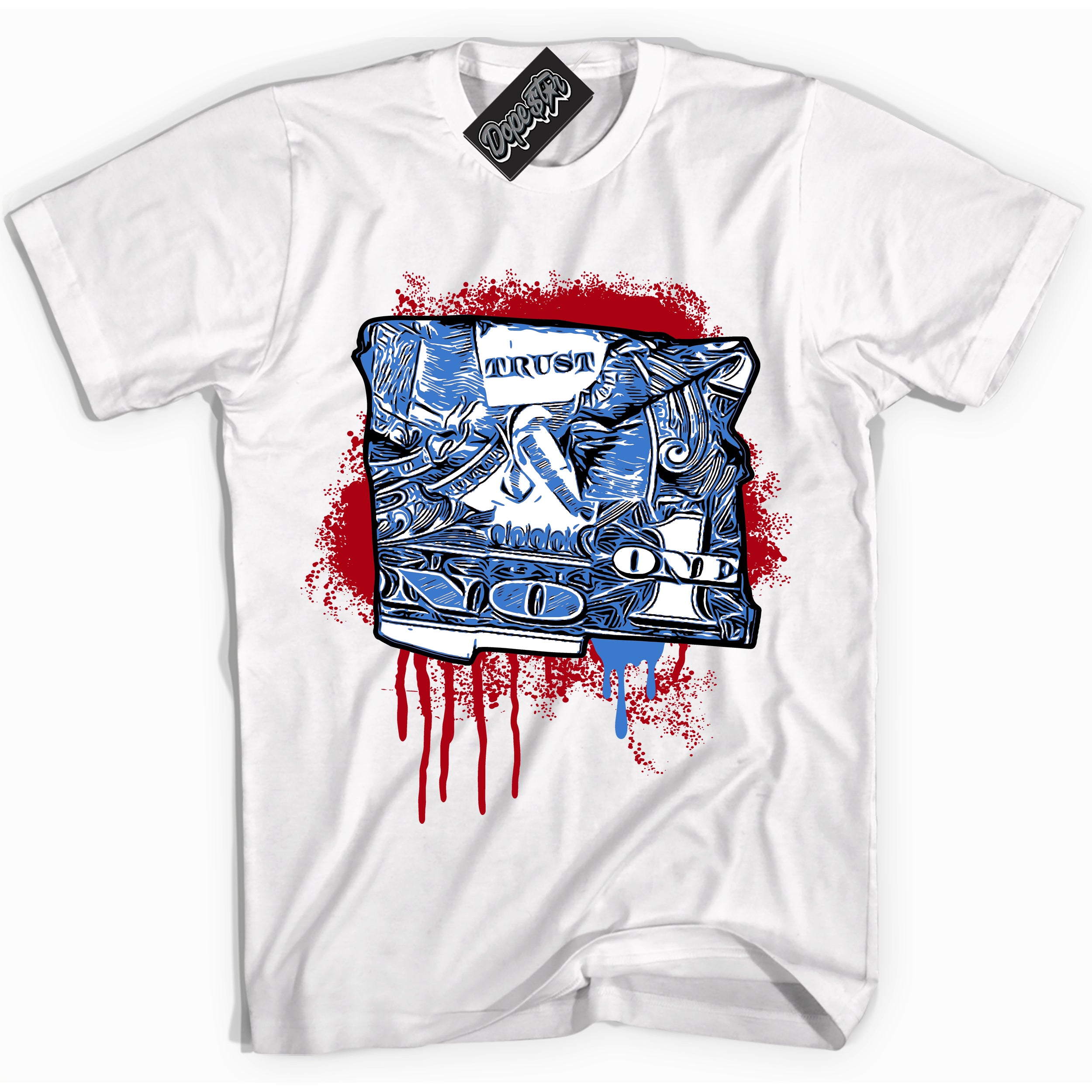 Cool White Shirt with “ Trust No One Dollar” design that perfectly matches Industrial Blue Sashiko 1s Sneakers.