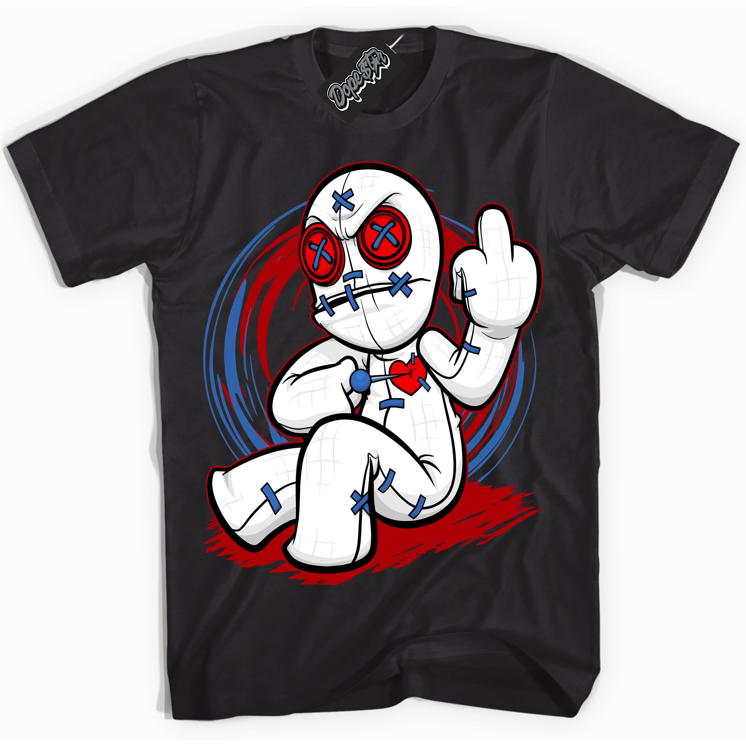 Cool Black Shirt with “ Voodoo Doll ” design that perfectly matches Industrial Blue Sashiko 1s Sneakers.