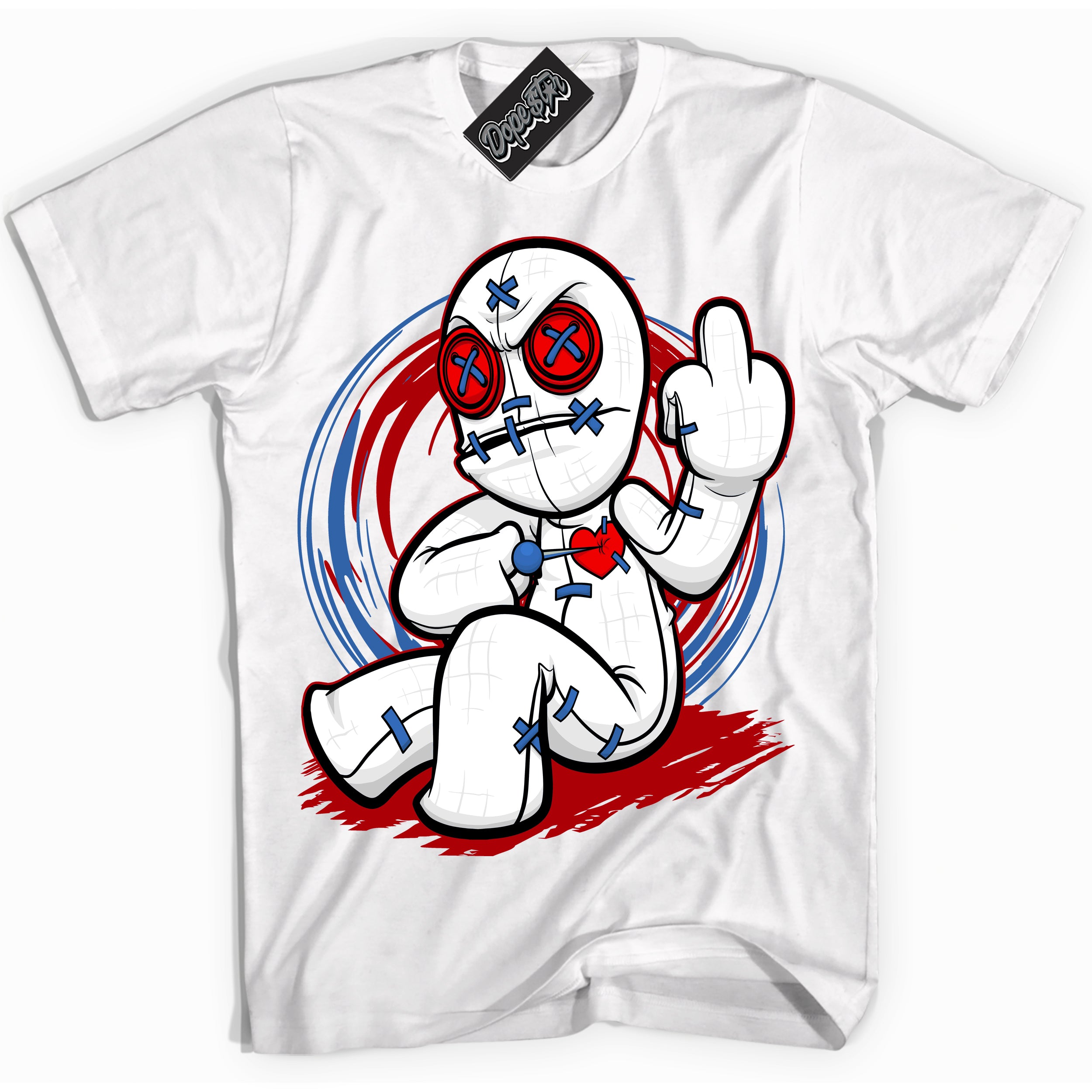 Cool White Shirt with “ Voodoo Doll ” design that perfectly matches Industrial Blue Sashiko 1s Sneakers.