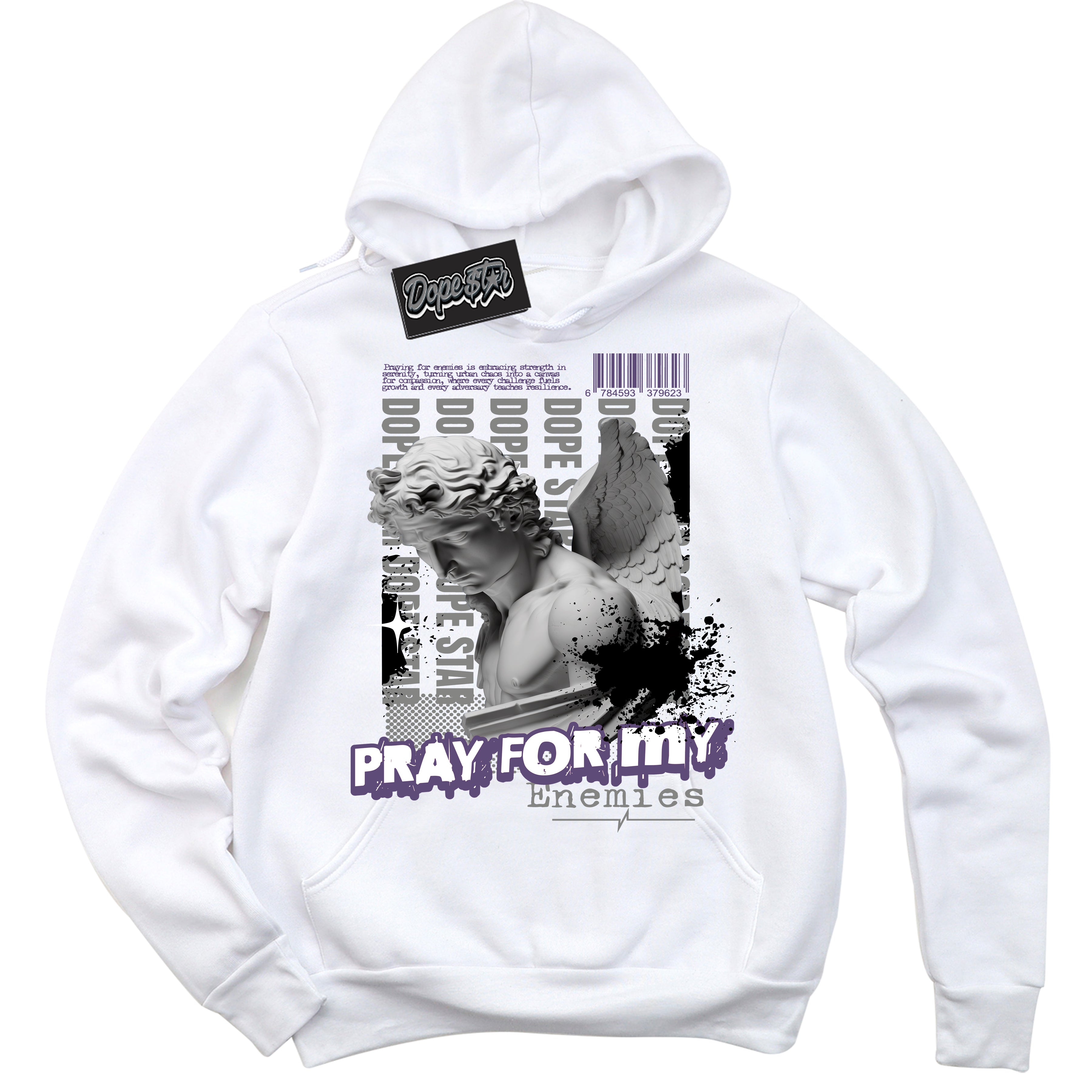 Cool White Hoodie with “ Pray Enemies ”  design that Perfectly Matches Punk Rock 1s Sneakers.
