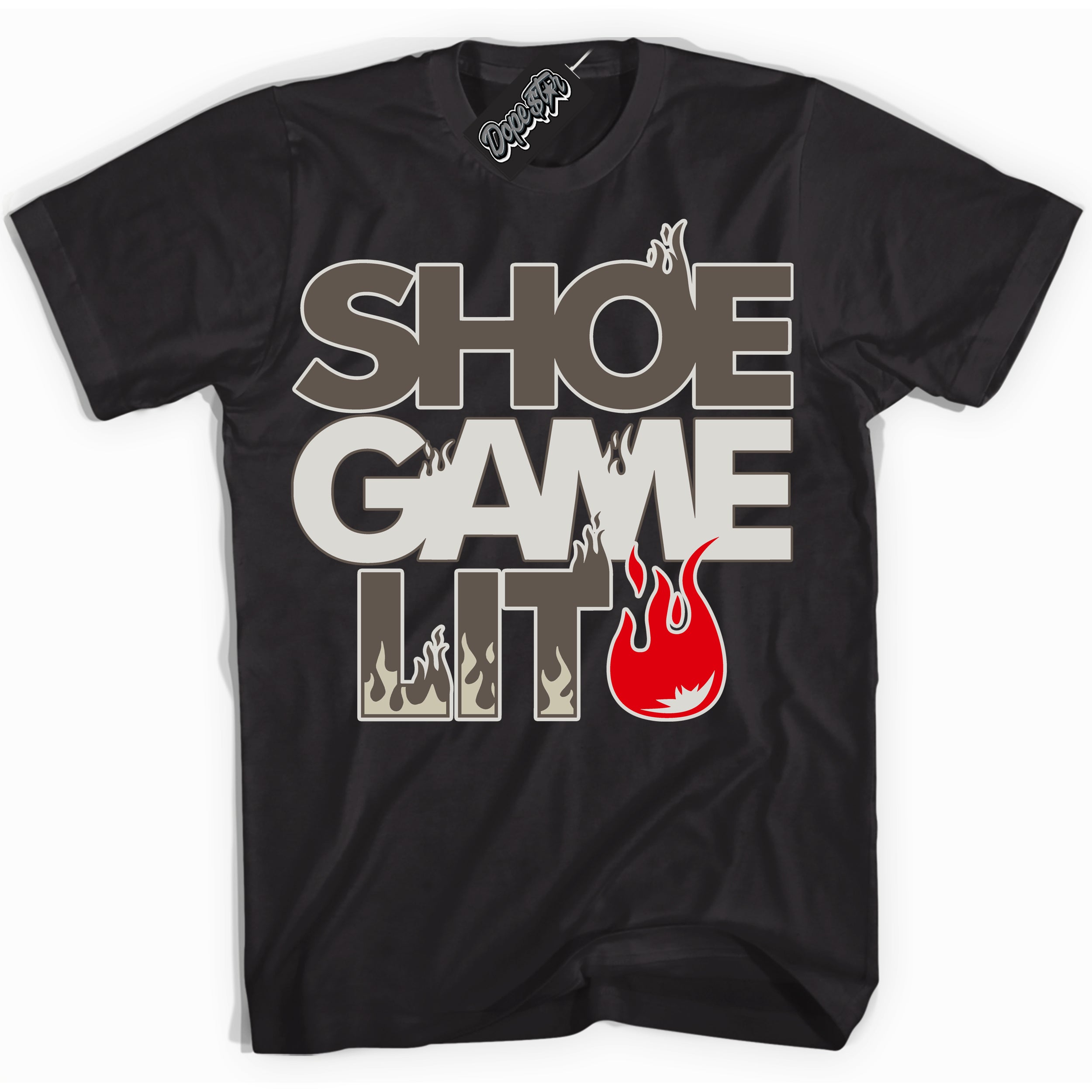 Cool Black Shirt with “ Shoe Game Lit ” design that perfectly matches Reverse Mocha 1s Sneakers.
