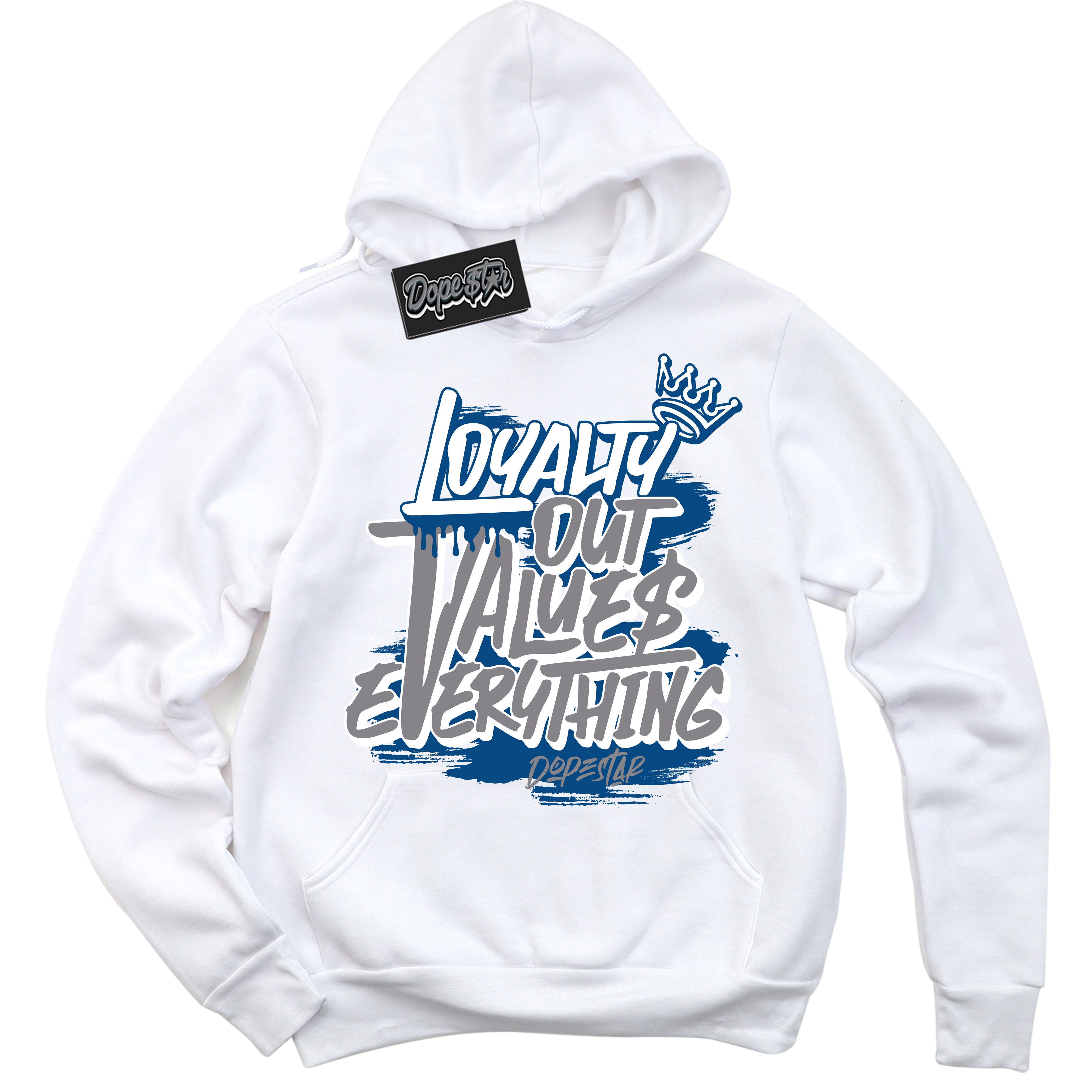 Cool White Hoodie with “ Loyalty Out Values Everything ”  design that Perfectly Matches Low True Blue 1s Sneakers.