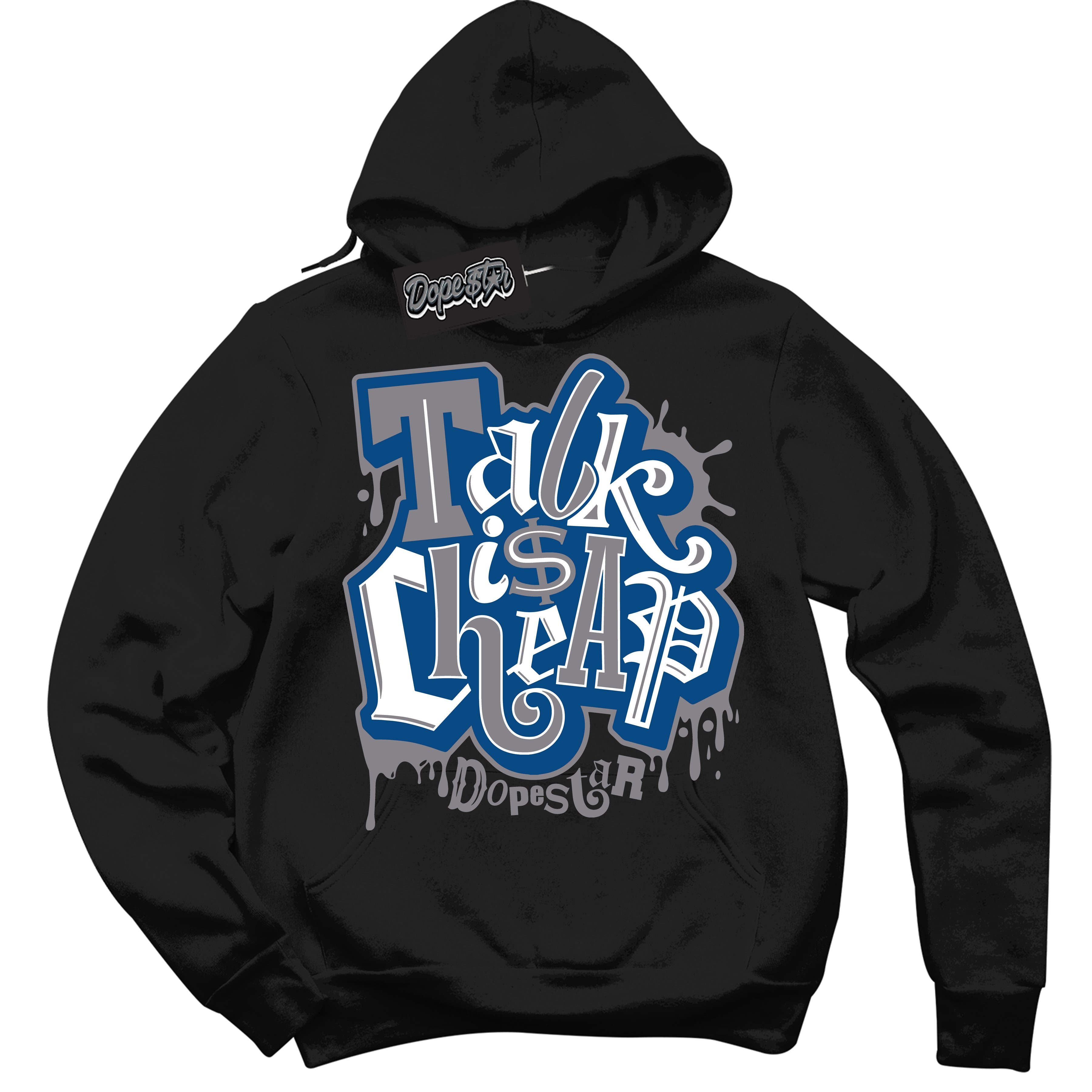 Cool Black Hoodie with “ Talk Is Cheap ” design that Perfectly Matches True Blue 1s Sneakers.