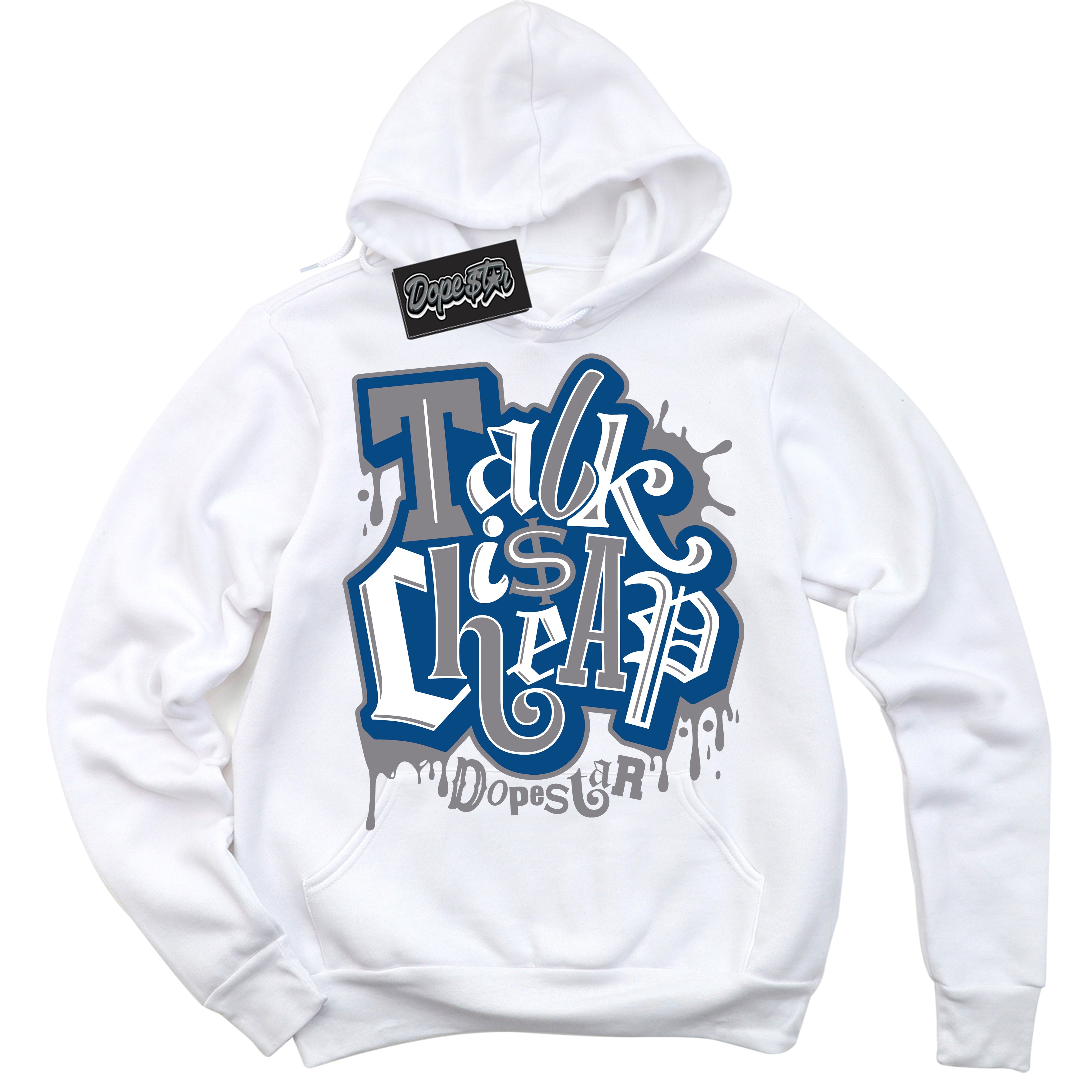 Cool White Hoodie with “ Talk Is Cheap ” design that Perfectly Matches True Blue 1s Sneakers.