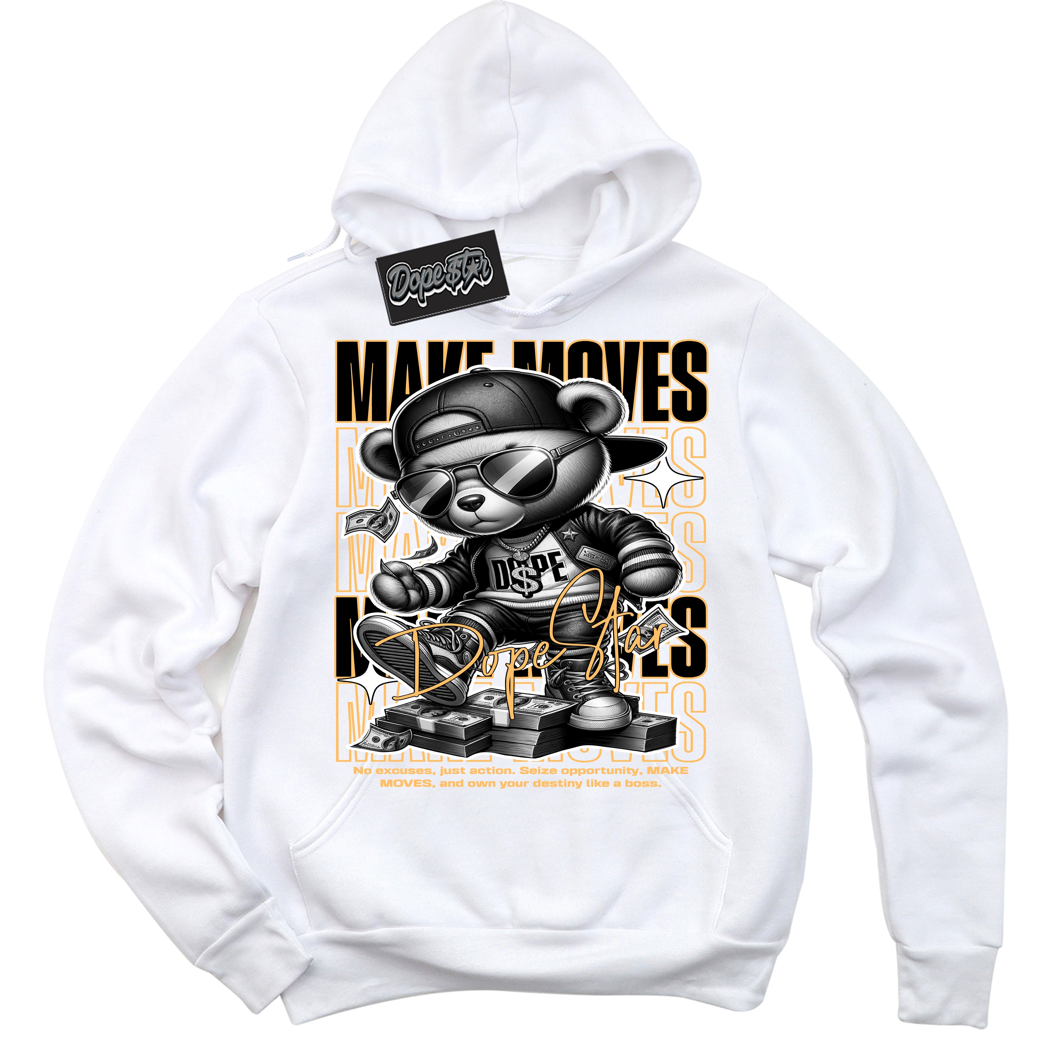 Cool White Hoodie with “ Makin Moves ”  design that Perfectly Matches Yellow Ochre 1s Sneakers.